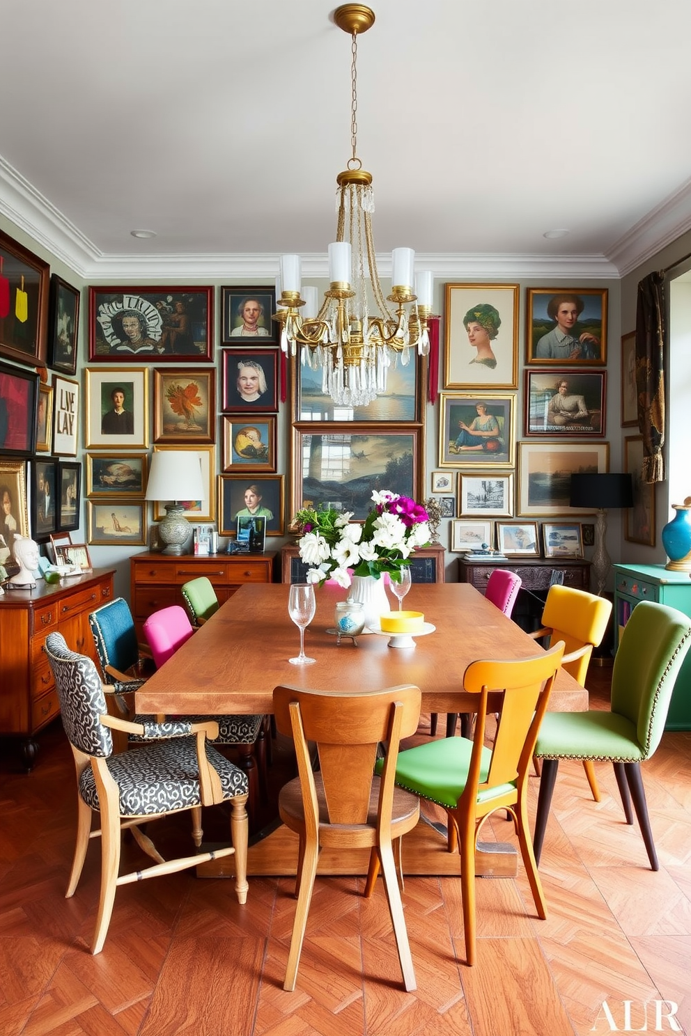 An eclectic dining room featuring a mix of vintage and modern furniture. A large wooden table is surrounded by mismatched chairs, showcasing vibrant upholstery and unique designs. The walls are adorned with an array of art pieces from different eras, creating a gallery-like atmosphere. A statement chandelier hangs above the table, blending contemporary and classic elements seamlessly.