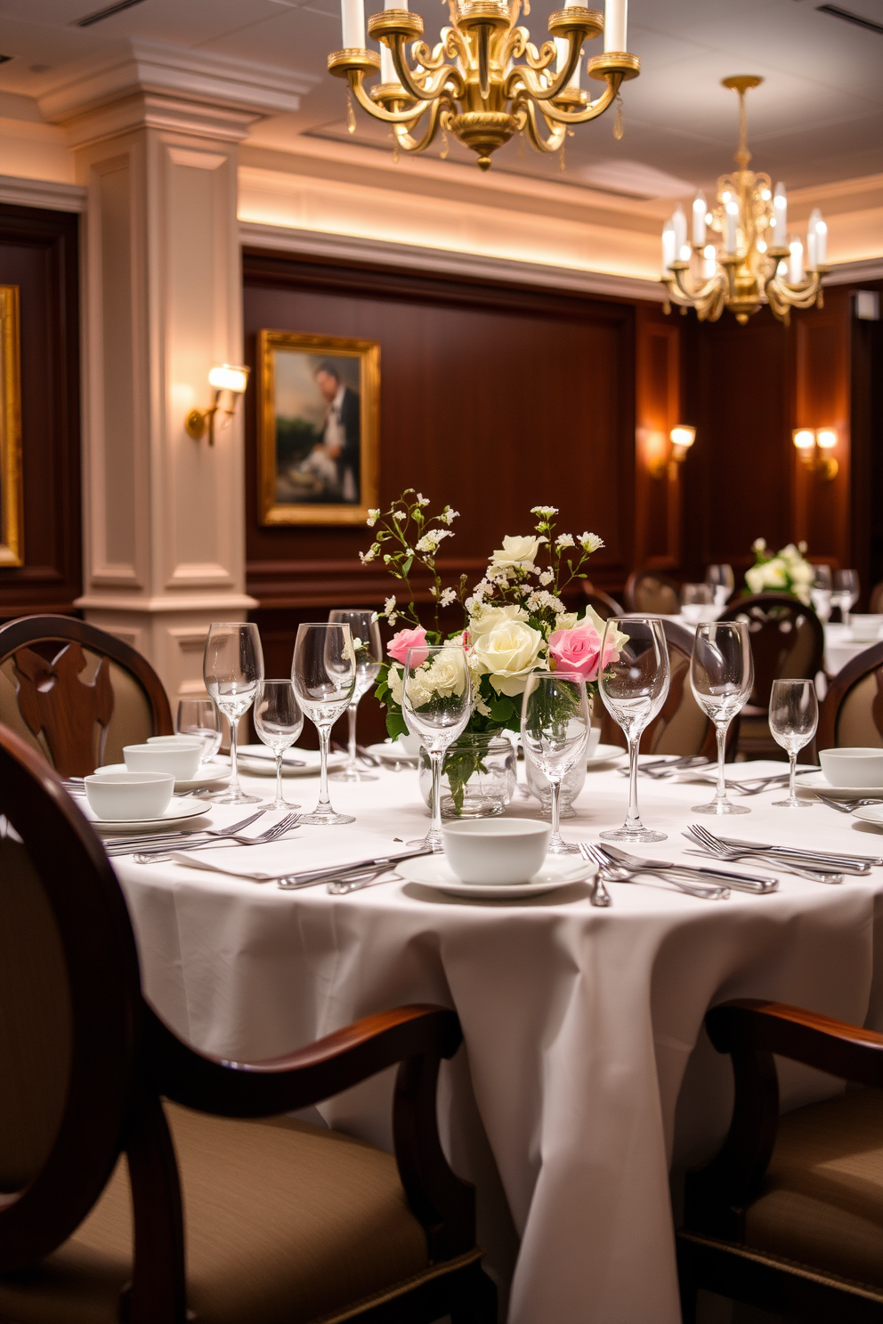 Elegant table setting with fine china. The table is adorned with a crisp white tablecloth and polished silverware, with delicate floral arrangements as centerpieces. Soft ambient lighting casts a warm glow over the room. Rich wooden furniture complements the elegant decor, creating a sophisticated dining atmosphere.