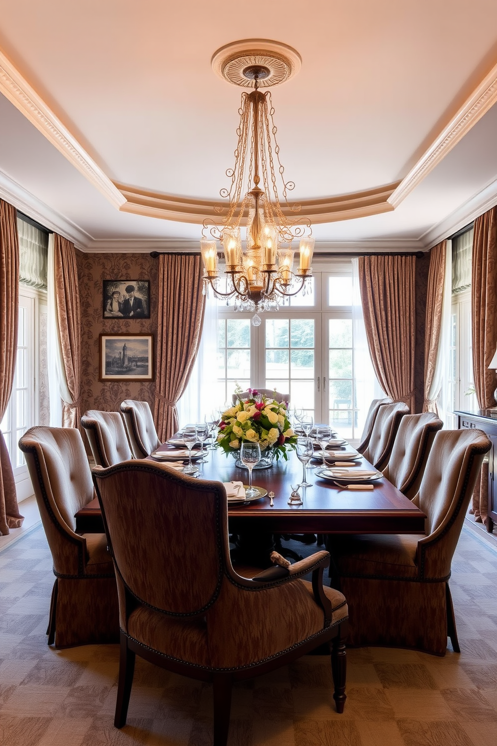 A rustic dining room featuring exposed wooden beams that contrast beautifully with sleek modern furnishings. A long wooden table is surrounded by minimalist chairs, creating an inviting atmosphere for gatherings. Large windows allow natural light to flood the space, highlighting the warm tones of the wood and the cool accents of contemporary decor. A statement chandelier hangs above the table, blending rustic charm with modern elegance.