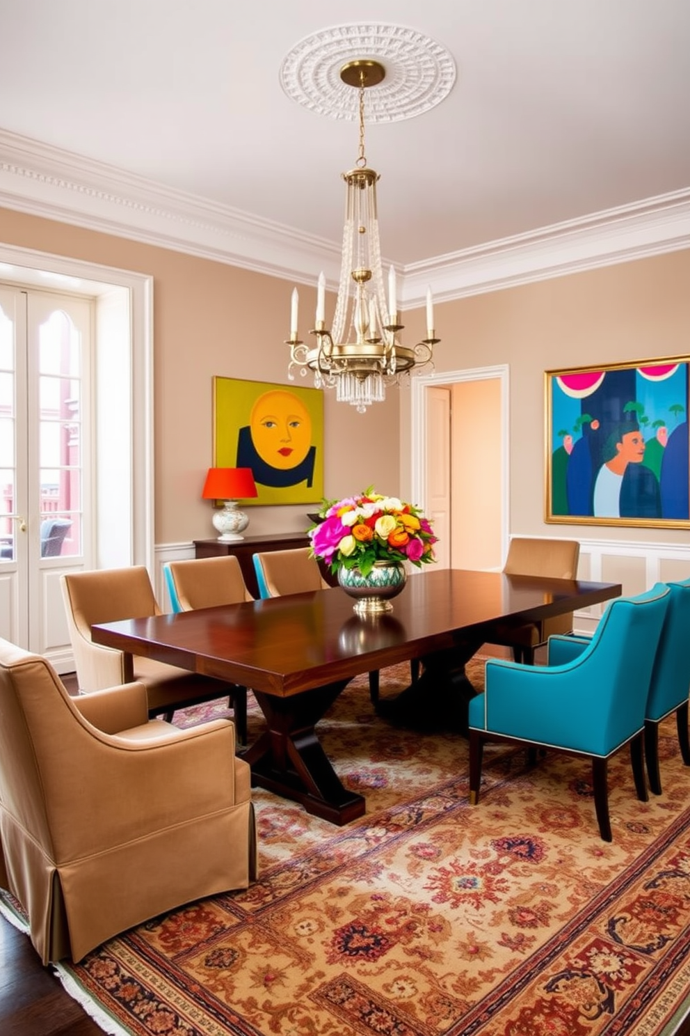 A stylish European dining room featuring neutral tones as the base with vibrant accent colors throughout. The room includes a long wooden dining table surrounded by upholstered chairs in a bold hue, with a stunning chandelier hanging above. The walls are painted in a soft beige, complemented by colorful artwork that adds a lively touch. A large area rug with intricate patterns anchors the space, while fresh flowers in a decorative vase provide a pop of color on the table.