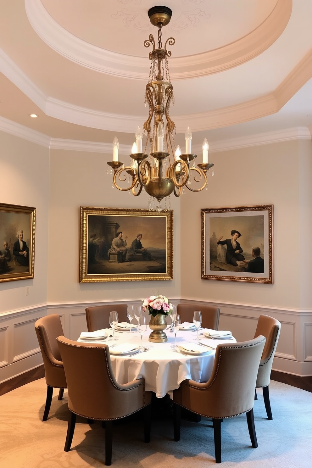 An elegant chandelier hangs gracefully above a round dining table set for an intimate gathering. The room features soft, neutral walls adorned with classic artwork, and the table is surrounded by plush upholstered chairs in a rich fabric.