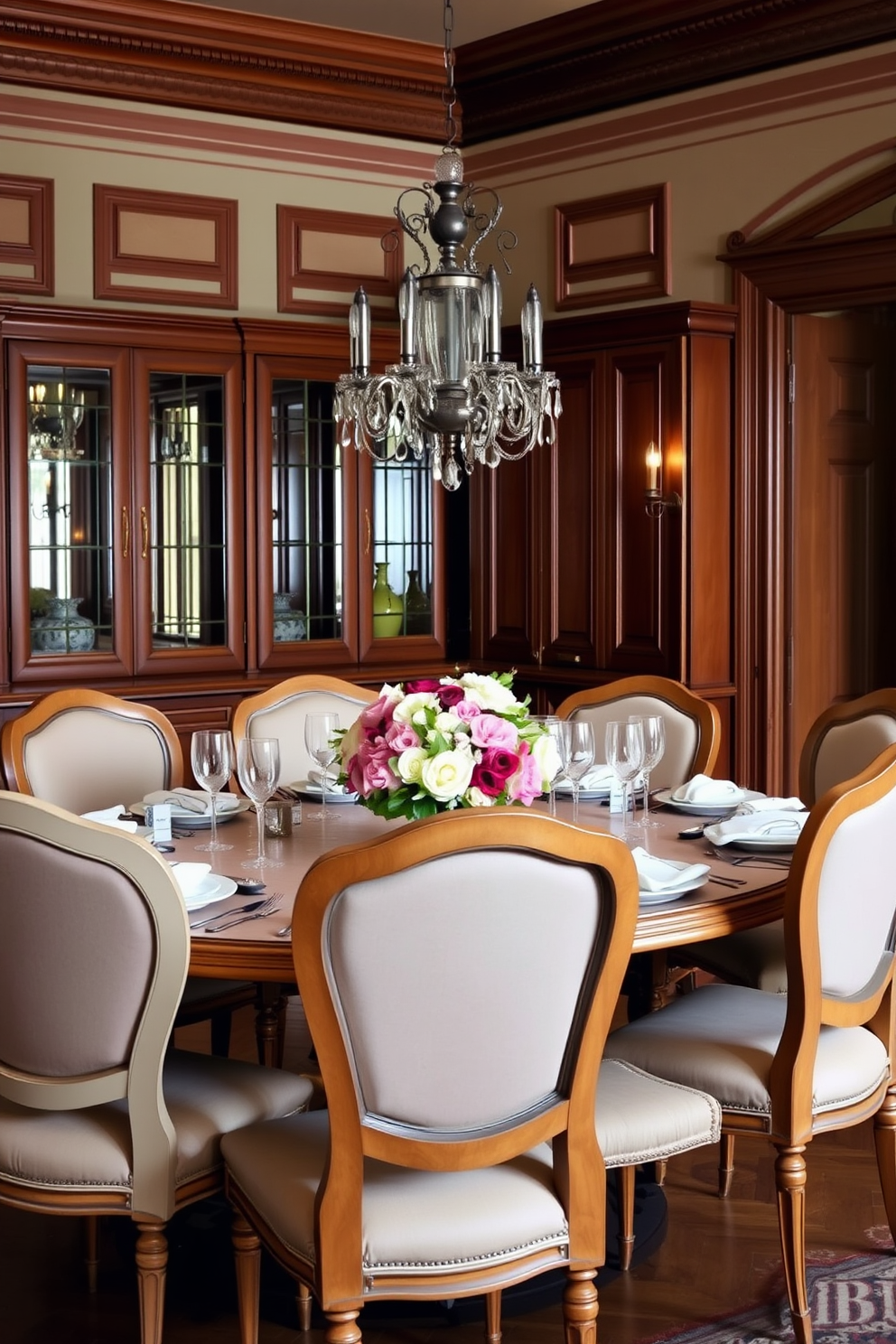 A European dining room features a long wooden table with elegant upholstered chairs surrounding it. The walls are adorned with contemporary art pieces that serve as striking focal points, enhancing the overall ambiance of the space. Large windows allow natural light to flood the room, highlighting the rich textures of the table and the vibrant colors of the artwork. A stylish chandelier hangs above the table, adding a touch of sophistication to the dining experience.