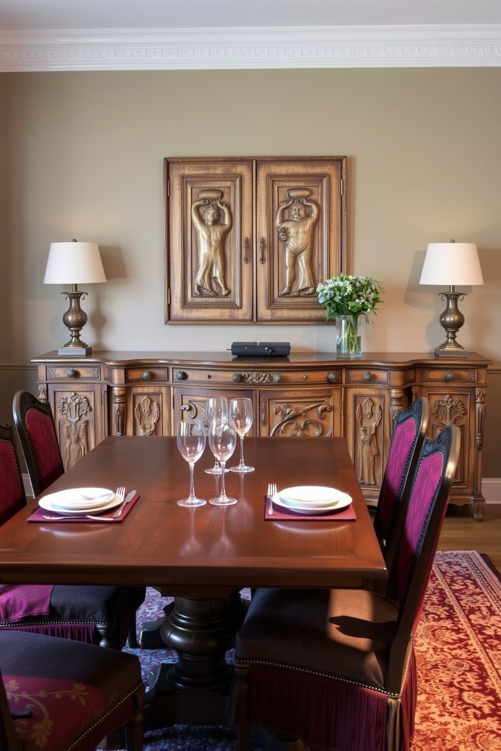 A vintage sideboard with intricate carvings and a distressed finish serves as the focal point of the dining room. Surrounding it are elegant dining chairs upholstered in rich fabric, complemented by a rustic wooden table set for an intimate gathering.