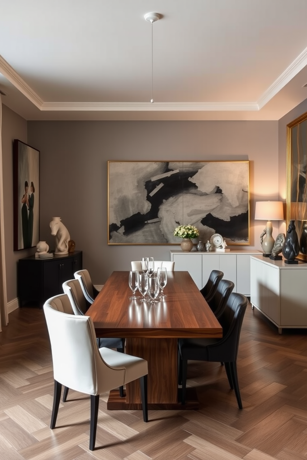 A European dining room featuring elegant contemporary art pieces as focal points. The walls are adorned with large abstract paintings, while a long wooden dining table is set with stylish chairs. Soft, ambient lighting highlights the artwork and creates a warm atmosphere. A chic sideboard displays decorative sculptures and fine dinnerware, enhancing the room's sophisticated appeal.