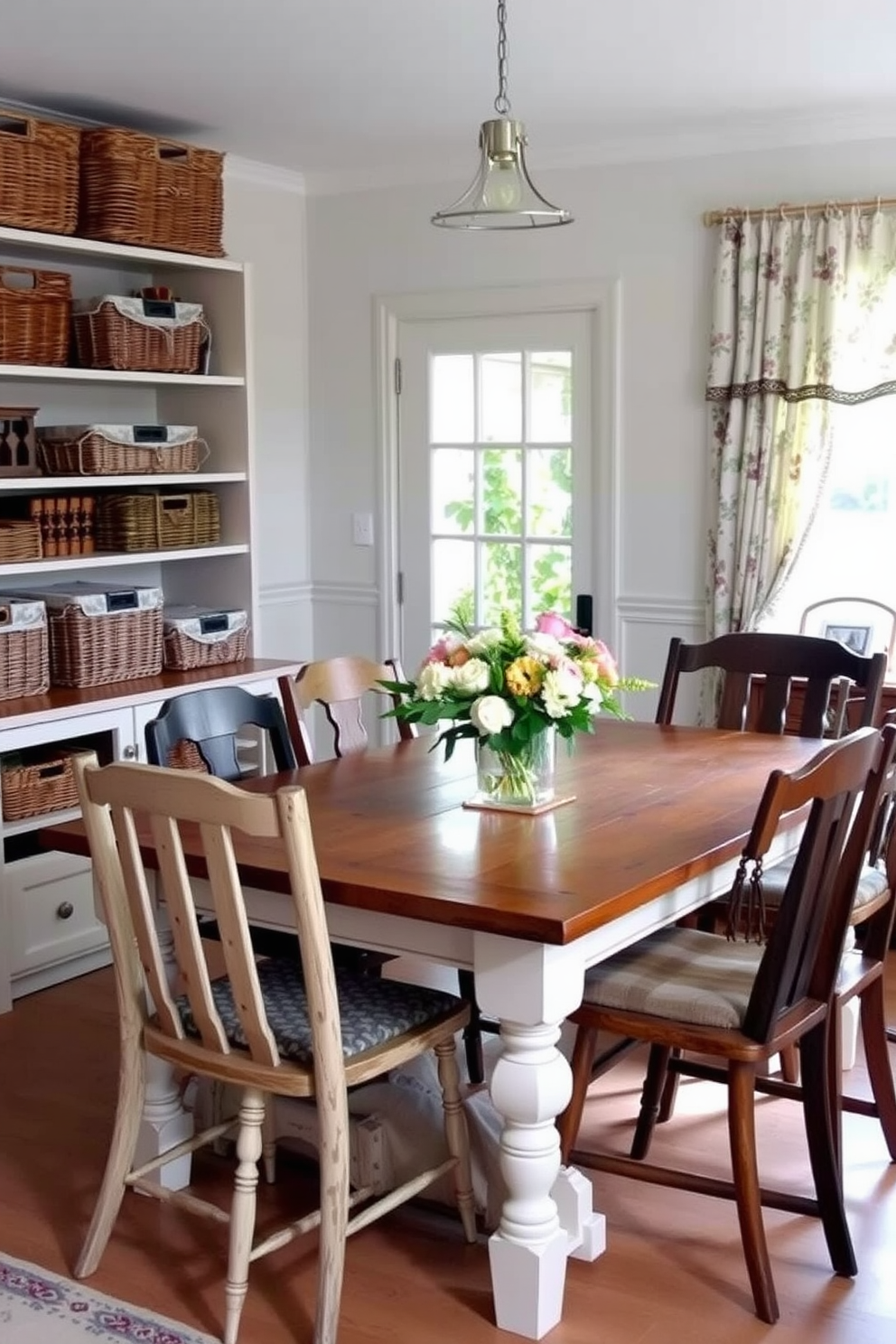 Charming country style dining room with a rustic wooden table surrounded by mismatched chairs. Wicker baskets are placed on shelves and under the table, adding warmth and a touch of coziness to the space. The walls are painted in a soft pastel color, complemented by floral patterned curtains that let in natural light. A centerpiece of fresh flowers sits on the table, enhancing the inviting atmosphere of the room.