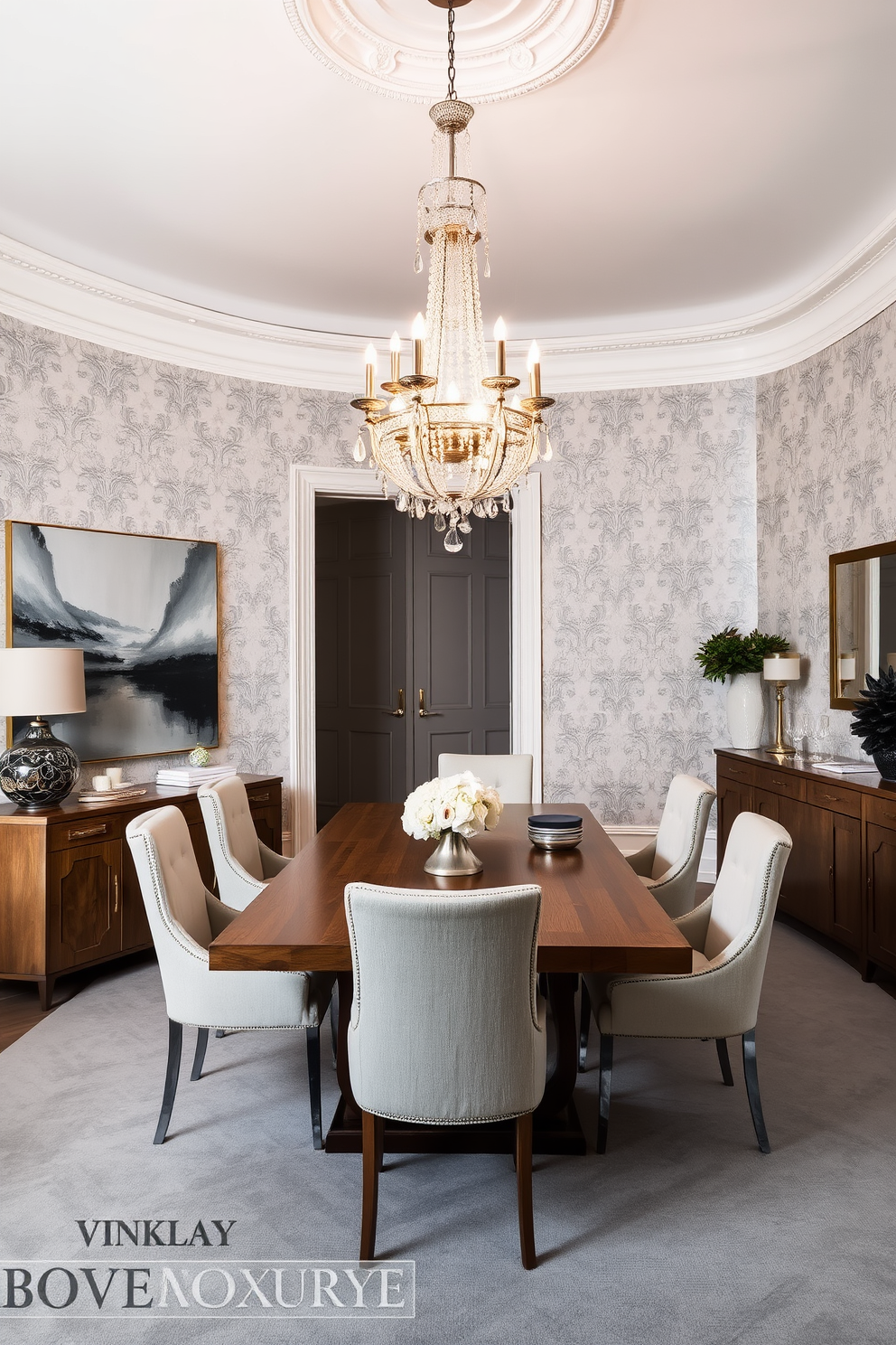 A sophisticated European dining room featuring a monochromatic color scheme. The walls are adorned with elegant wallpaper in soft gray tones, complemented by a long wooden dining table set with matching upholstered chairs. A stunning chandelier hangs from the ceiling, casting a warm glow over the space. Decorative elements include a large abstract painting in shades of gray and a sleek sideboard displaying fine china and glassware.