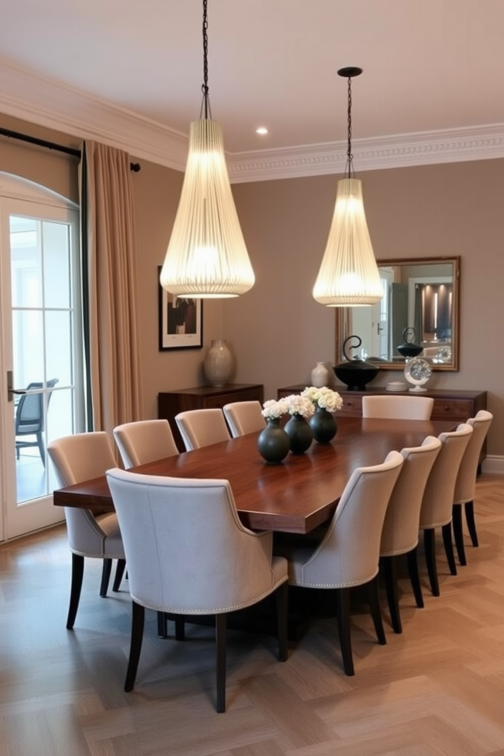 A stylish European dining room features a large wooden dining table surrounded by elegantly upholstered chairs. Above the table, two stunning pendant lights hang, casting a warm glow and enhancing the sophisticated atmosphere of the space.