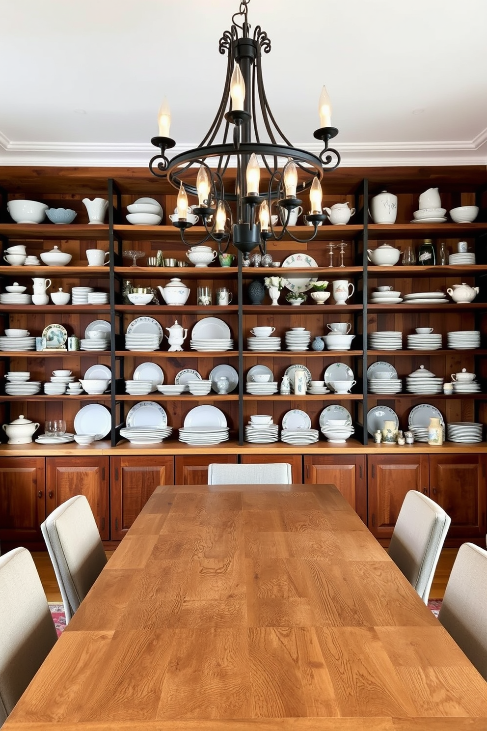 Open shelving displays an array of beautiful dishware in a stylish European dining room. The shelves are made of reclaimed wood, showcasing an eclectic mix of porcelain, glass, and ceramic pieces arranged artfully. The dining table is a long, rustic farmhouse style with a natural wood finish, surrounded by upholstered chairs for comfort. Soft, ambient lighting from a wrought iron chandelier casts a warm glow over the space, enhancing the inviting atmosphere.