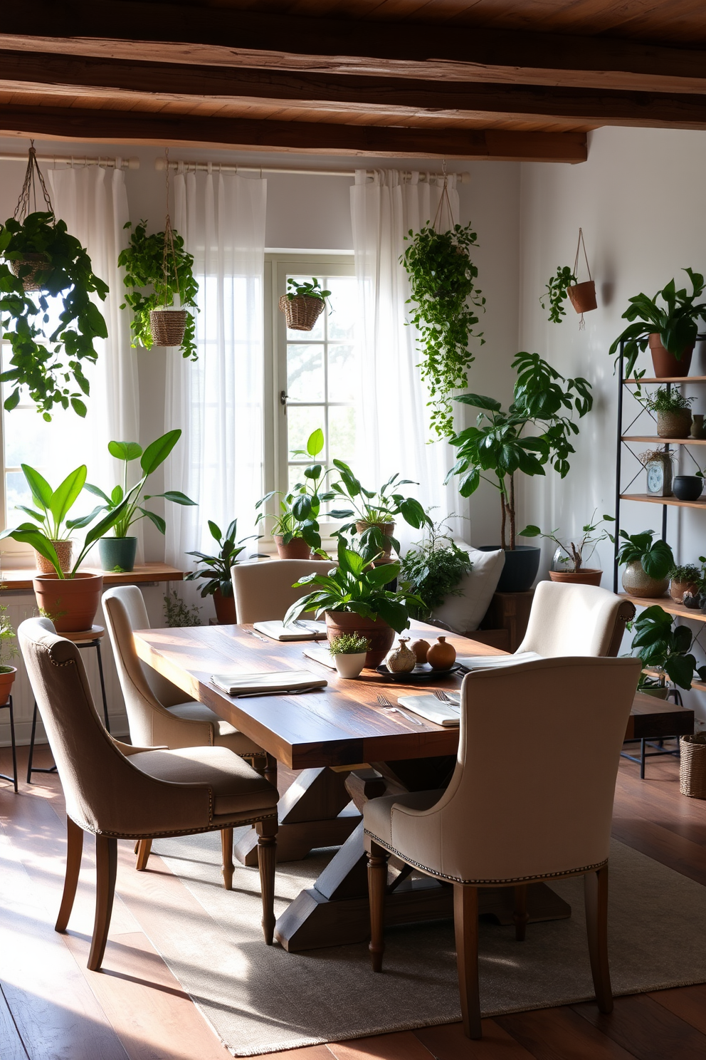 A serene European dining room featuring nature-inspired decor. The space is adorned with potted plants of various sizes, adding a fresh and vibrant touch to the ambiance. The dining table is made of reclaimed wood, surrounded by elegant upholstered chairs. Soft natural light filters through sheer curtains, creating a warm and inviting atmosphere.