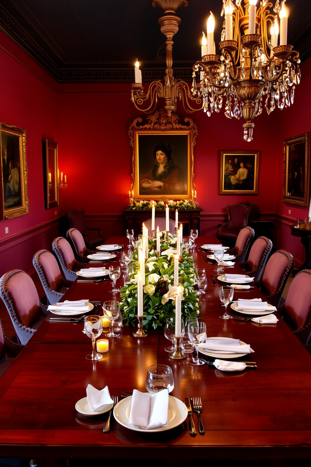 A European dining room featuring layered lighting that creates a versatile ambiance. Elegant pendant lights hang above a long wooden table, surrounded by upholstered chairs in rich fabrics. The walls are adorned with classic wainscoting and soft pastel colors, enhancing the room's warmth. A large window allows natural light to flood in, complemented by strategically placed sconces for evening illumination.