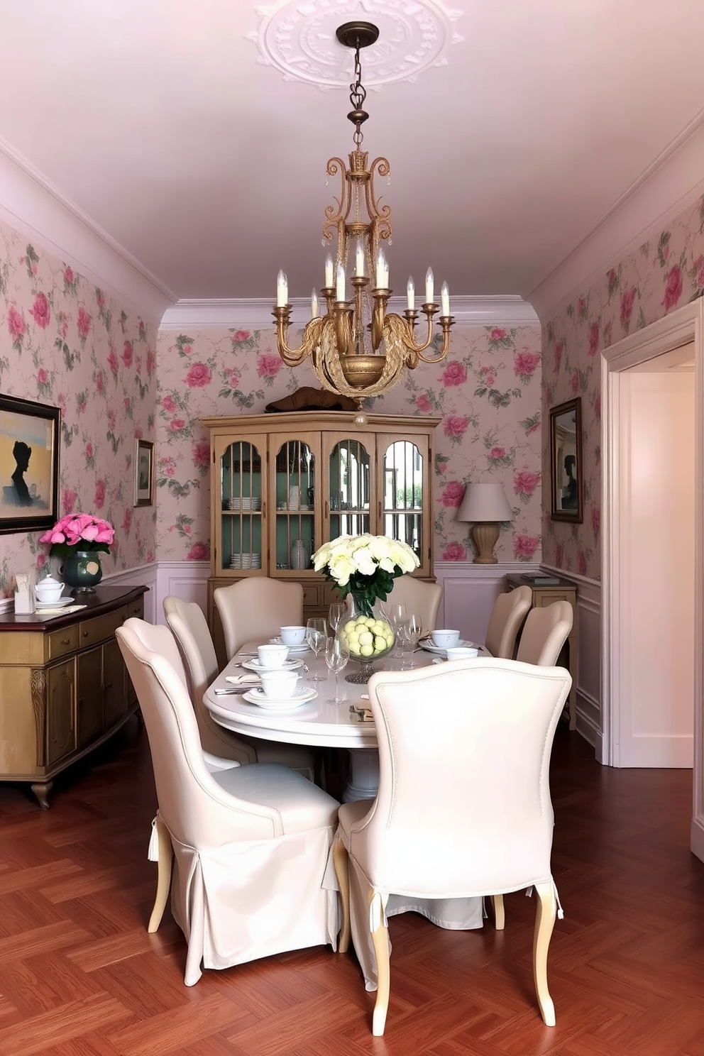 A charming European dining room featuring soft pastel colors and floral accents. The table is elegantly set with delicate china and surrounded by upholstered chairs in a light hue. The walls are adorned with floral wallpaper, creating a warm and inviting atmosphere. A vintage chandelier hangs above the table, casting a soft glow over the space.