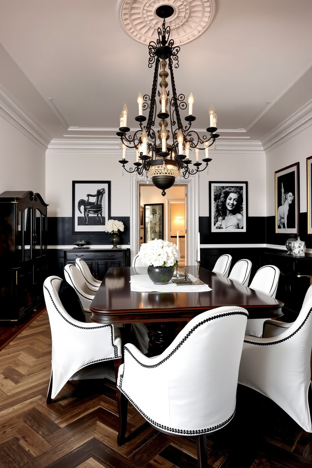 A European dining room featuring bold wallpaper with intricate designs that create a stunning focal point. The room is adorned with an elegant wooden dining table surrounded by upholstered chairs, complemented by a luxurious chandelier hanging above.