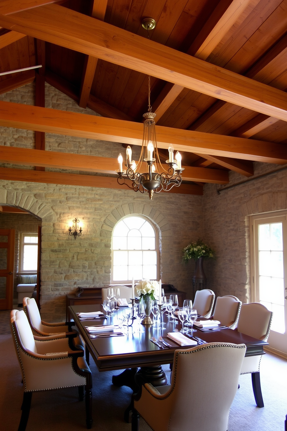 Classic wooden beams stretch across the ceiling, creating a warm and inviting atmosphere. The stone walls add a rustic charm, perfectly complementing the elegant wooden dining table set with plush upholstered chairs. A vintage chandelier hangs gracefully above the table, casting a soft glow over the space. Elegant table settings with fine china and crystal glassware enhance the sophisticated dining experience.