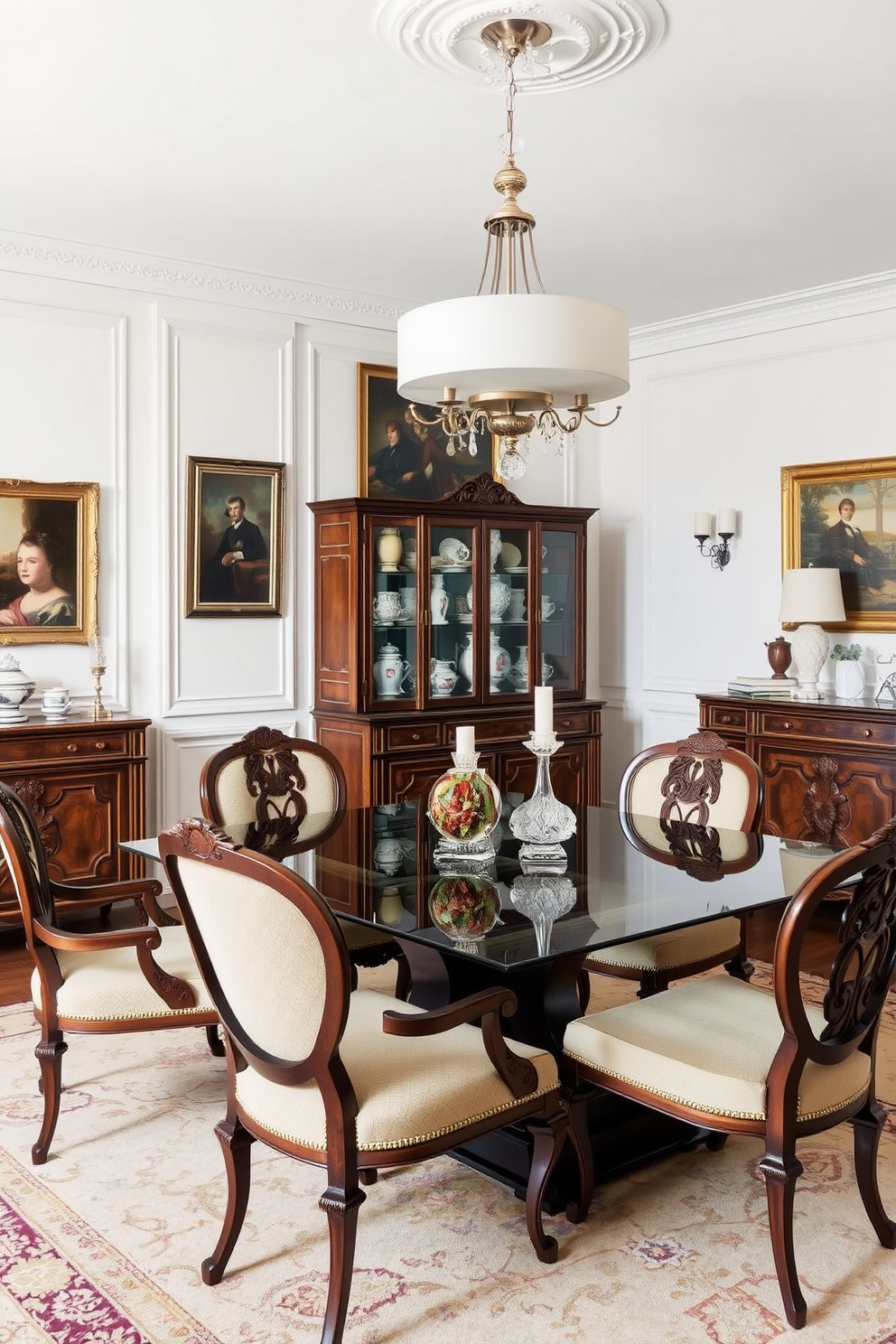 A European dining room featuring a blend of modern and antique furniture. A sleek glass dining table is surrounded by elegant upholstered chairs with intricate wood detailing. On one side, an ornate sideboard showcases vintage china and decorative pieces. The walls are adorned with classic artwork, while a contemporary chandelier adds a modern touch overhead.