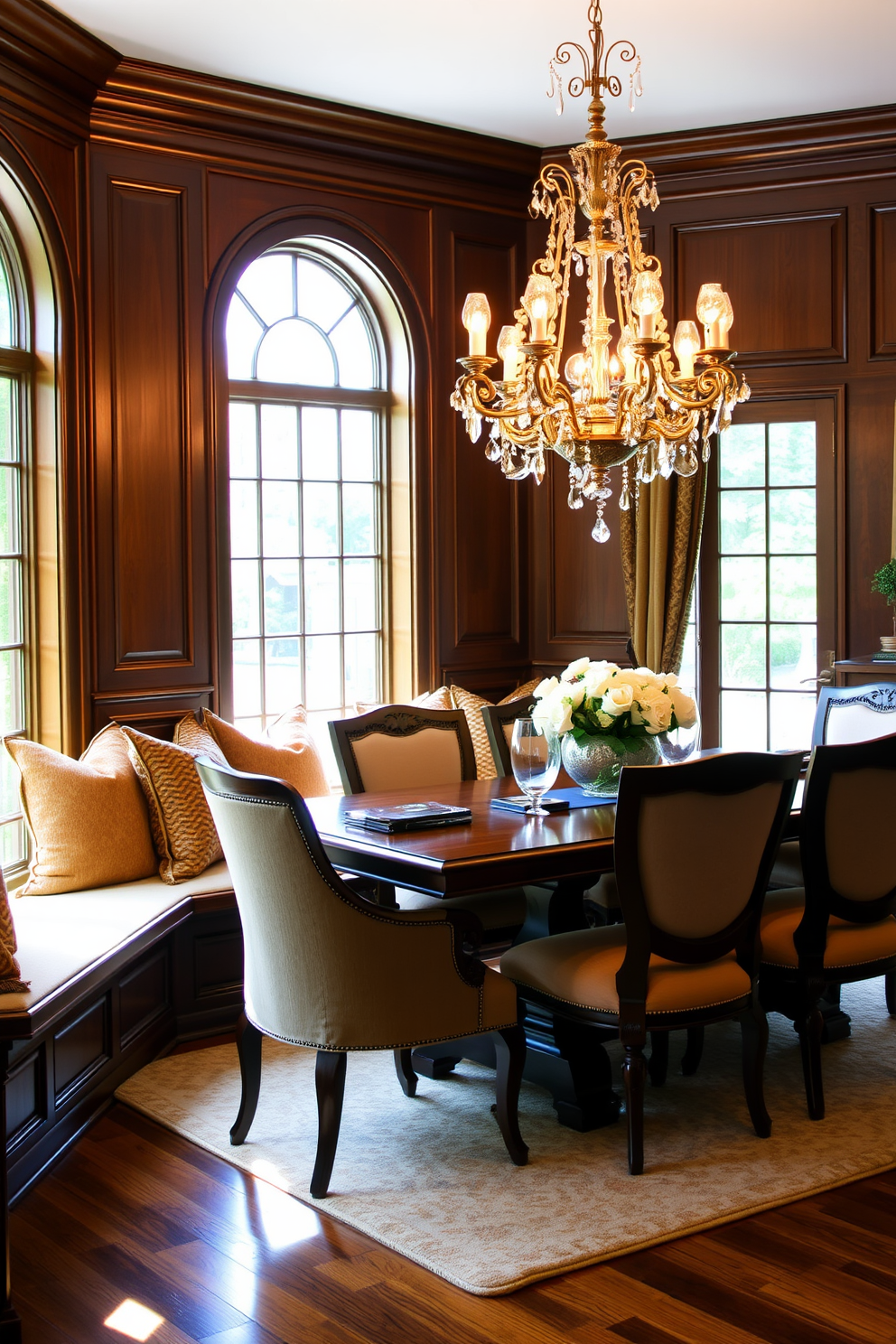 A vintage wooden dining table with intricate carvings is surrounded by modern upholstered chairs in a neutral fabric. A large statement chandelier hangs above, casting a warm glow over the space and highlighting the rich wood tones of the furniture. The walls are adorned with elegant wallpaper featuring a subtle floral pattern in soft colors. A sideboard with a mix of vintage and contemporary decor elements adds character and functionality to the room.