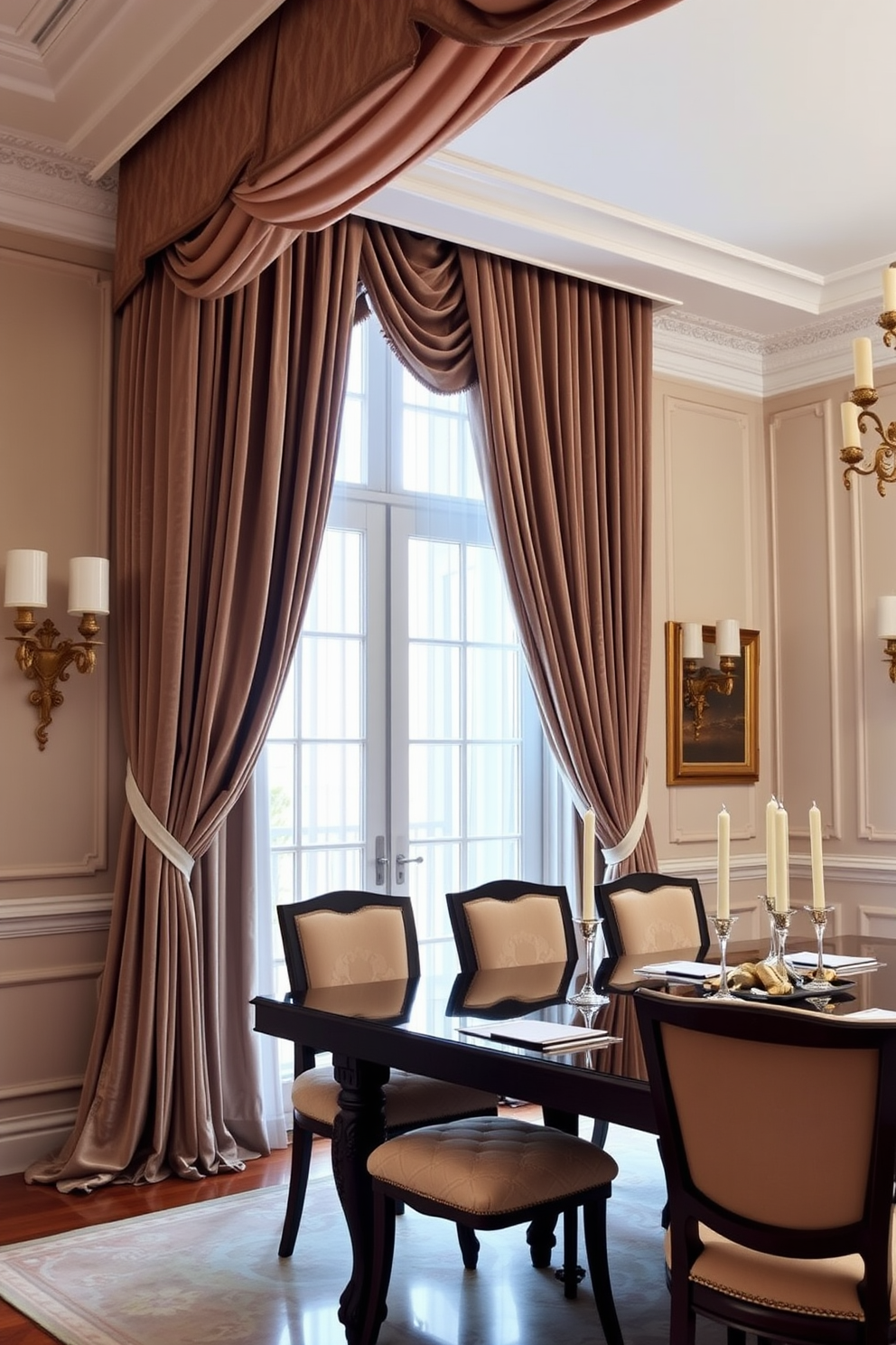 A European dining room featuring luxurious velvet drapes that cascade elegantly from the ceiling to the floor. The room is adorned with plush cushions on the dining chairs, adding comfort and sophistication to the space.