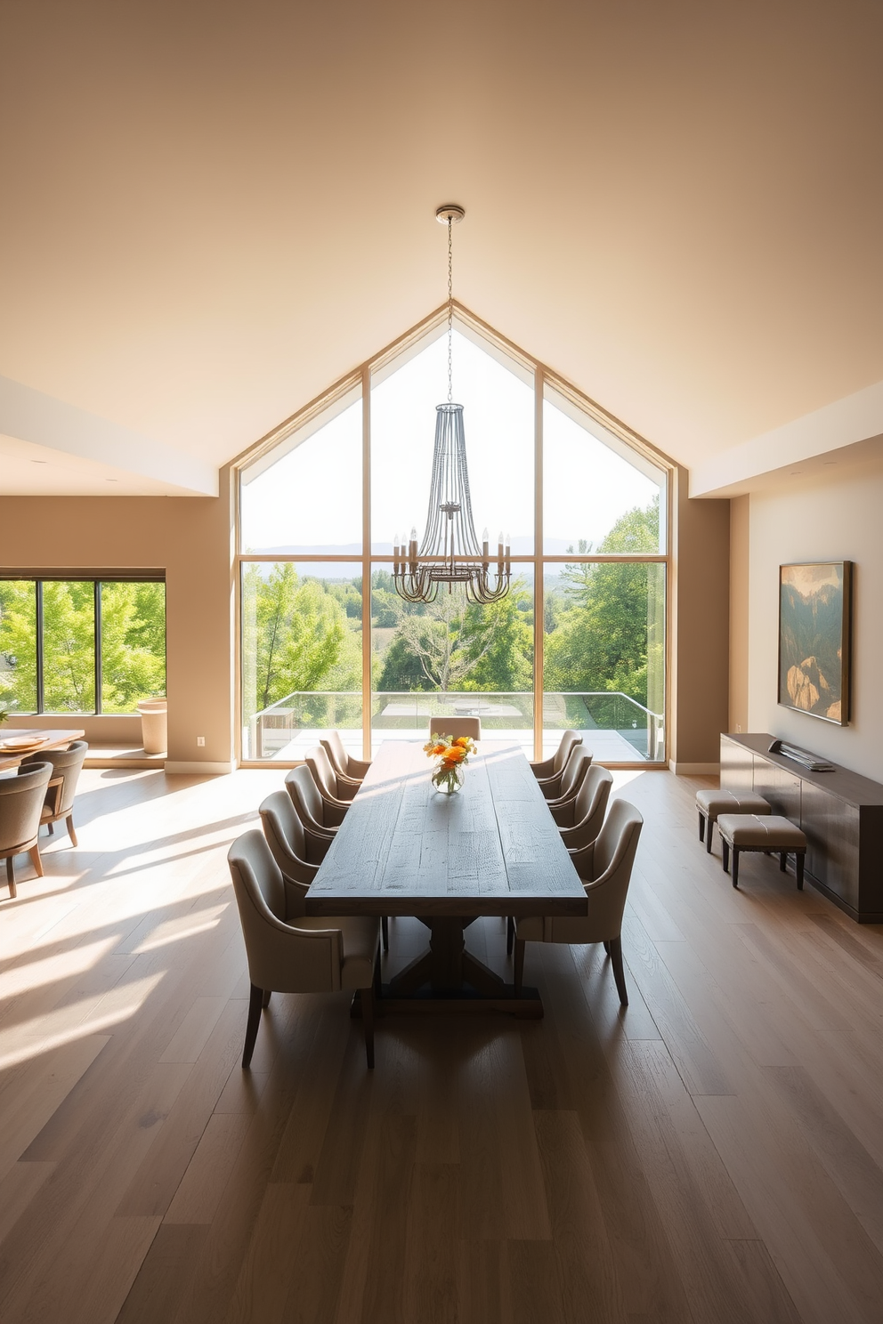 A sophisticated European dining room featuring a grey and white color scheme. The room includes an elegant wooden dining table surrounded by plush upholstered chairs in soft grey fabric. A striking chandelier hangs above the table, casting a warm glow over the space. The walls are adorned with tasteful artwork in complementary tones, and a patterned area rug anchors the seating area.