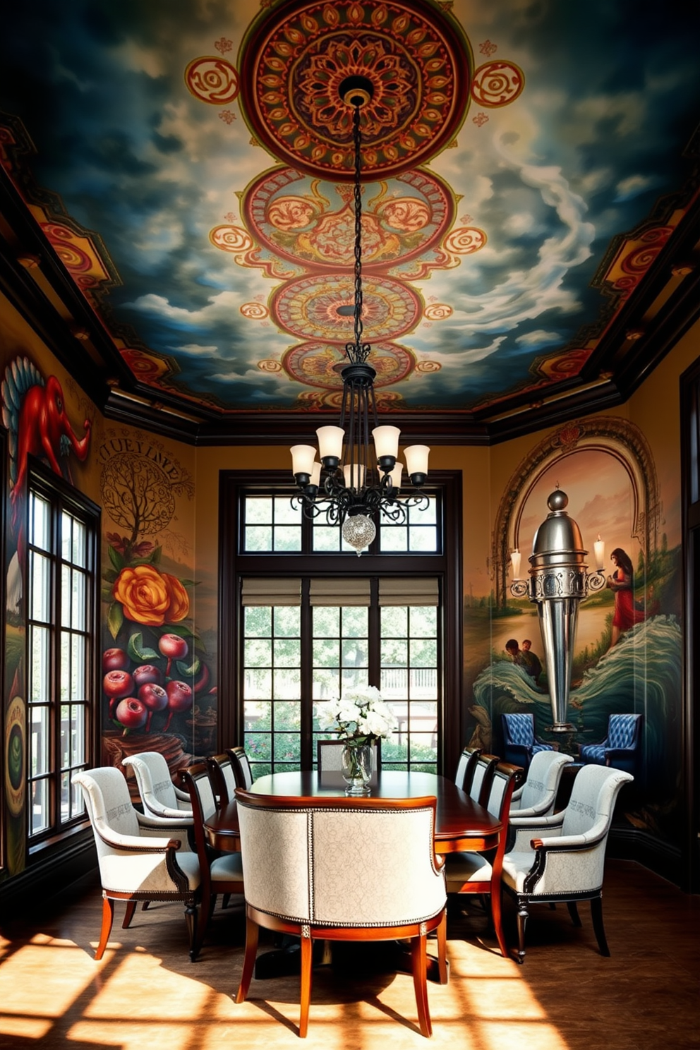 A bright and airy coastal dining room features large windows that allow natural light to flood the space. The walls are painted in a soft white, complemented by light wood flooring and a large wooden dining table surrounded by woven chairs. The table is set with a simple yet elegant centerpiece of seashells and driftwood. Soft blue accents in the tableware and nearby decor evoke the calming essence of the ocean. For a European dining room design, the space is characterized by ornate moldings and rich, warm colors. A grand wooden table is paired with upholstered chairs, while a stunning chandelier hangs from the ceiling, illuminating the room with a soft glow. The walls are adorned with classic artwork, and a sideboard displays fine china and glassware. The overall ambiance is one of sophistication and timeless elegance, inviting guests to linger and enjoy.