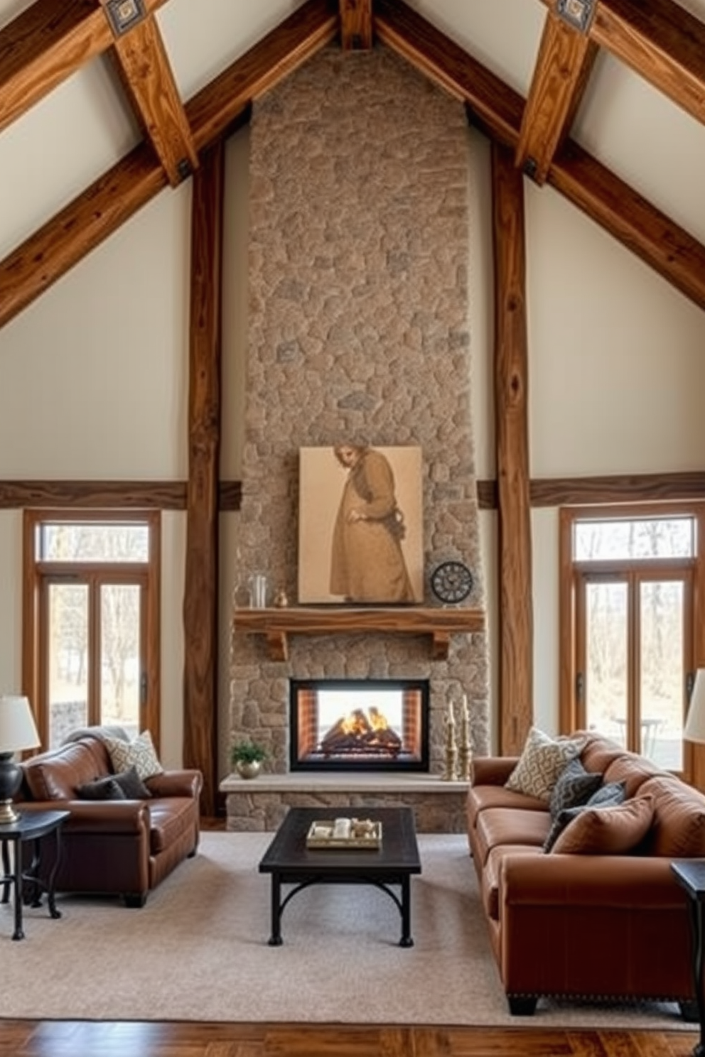 A cozy fireplace serves as the focal point of the family room, surrounded by a rustic stone mantel. Flanking the fireplace are two vintage armchairs upholstered in warm, inviting fabrics, creating a perfect spot for relaxation and conversation. The walls are adorned with soft, neutral tones that enhance the room's warmth, while a plush area rug anchors the seating arrangement. Large windows allow natural light to flood in, showcasing a view of the lush outdoor landscape.