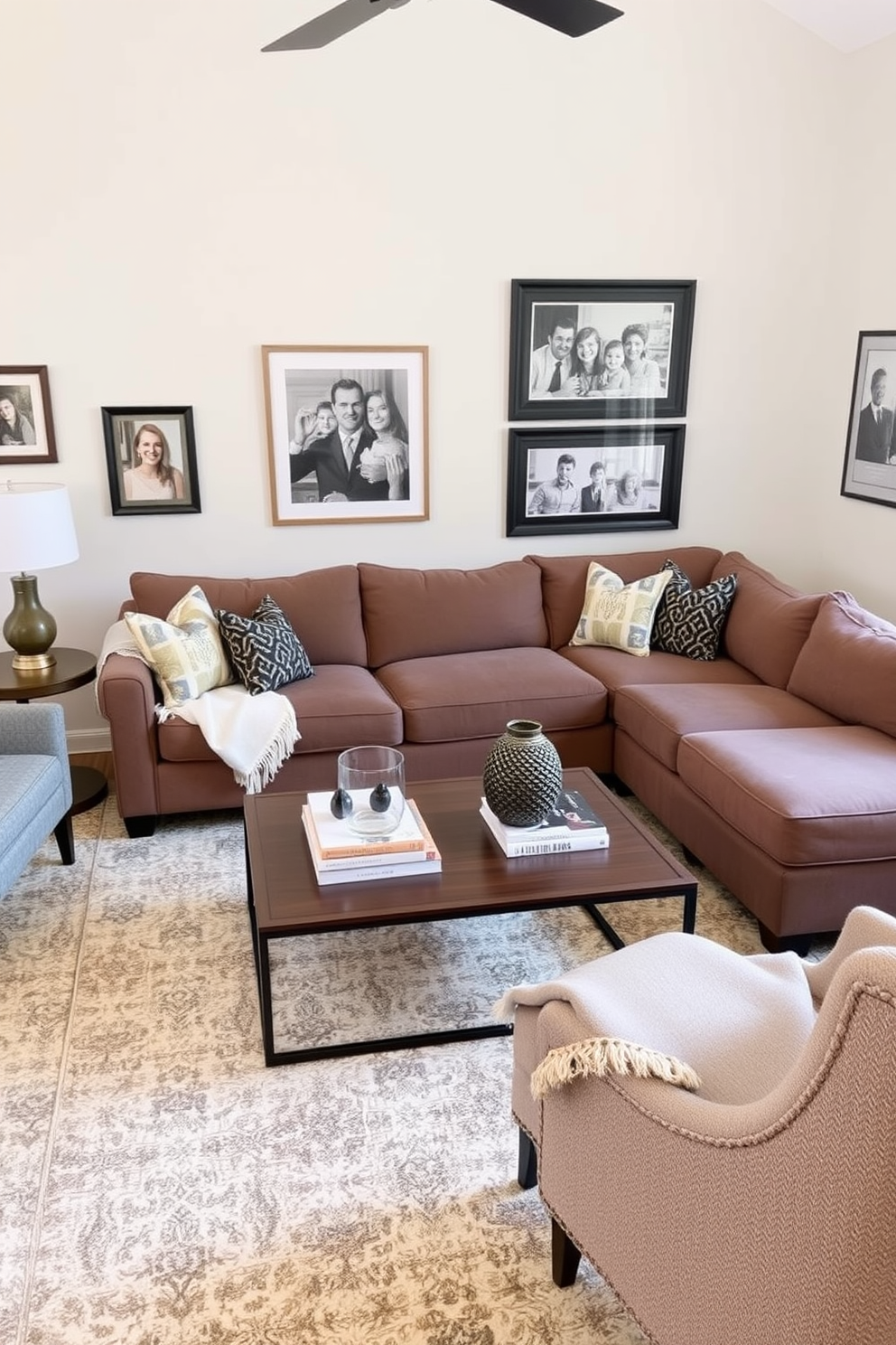 A comfortable sectional sofa is positioned in the center of the family room, inviting family gatherings and relaxation. Surrounding the sofa, there are soft accent chairs and a large area rug that adds warmth to the space. The walls are adorned with light-colored paint, complemented by framed family photos and artwork. A stylish coffee table sits in front of the sofa, topped with decorative books and a cozy throw blanket.