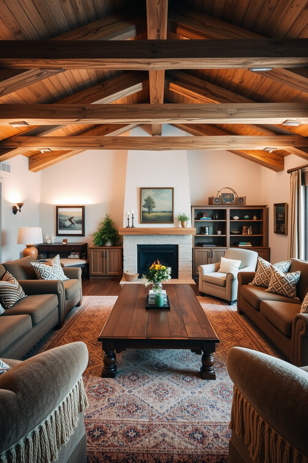 A cozy family room featuring natural wood beams across the ceiling and a large wooden coffee table at the center. The walls are adorned with soft, neutral tones, complemented by plush furniture in earthy fabrics, creating an inviting and warm atmosphere.