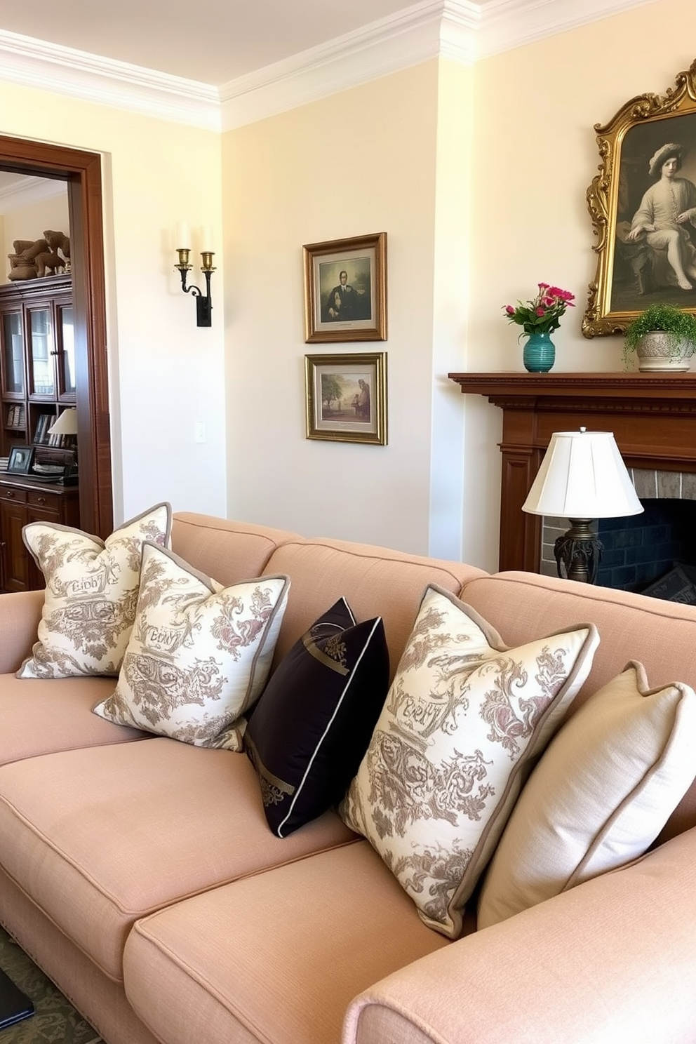 Classic European prints adorn the decorative pillows scattered across a plush sofa in the family room. The walls are painted in a soft cream color, complementing the rich wooden accents and elegant furnishings throughout the space.