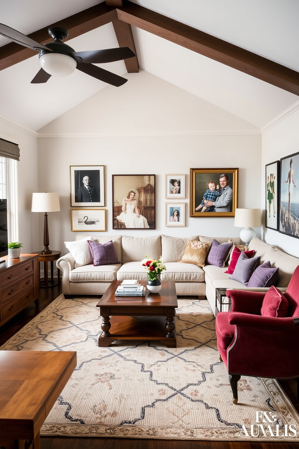 A spacious family room filled with natural light streaming through oversized windows. The design features a cozy sectional sofa adorned with soft throw pillows and a large area rug that adds warmth to the space. The walls are painted in a soft beige color, complemented by elegant wooden accents. A stylish coffee table sits in the center, surrounded by tasteful decor and a selection of family photographs.