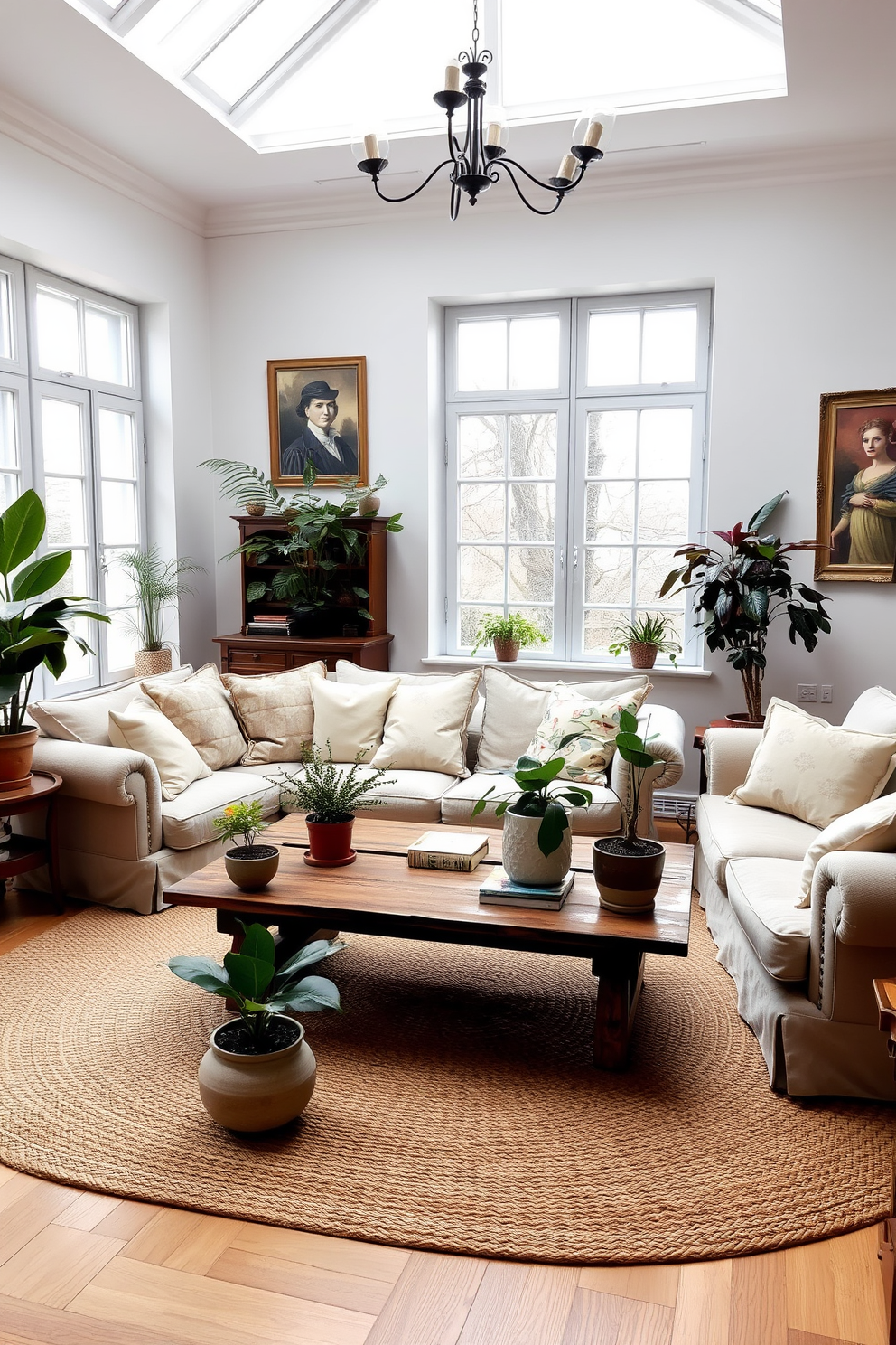 A cozy European family room filled with natural light. Plush sofas in soft, neutral tones are arranged around a rustic wooden coffee table, while indoor plants in elegant pots add a touch of greenery and vibrancy to the space. The walls are adorned with tasteful artwork that reflects a blend of traditional and modern styles. A large woven rug anchors the seating area, creating a warm and inviting atmosphere perfect for family gatherings.