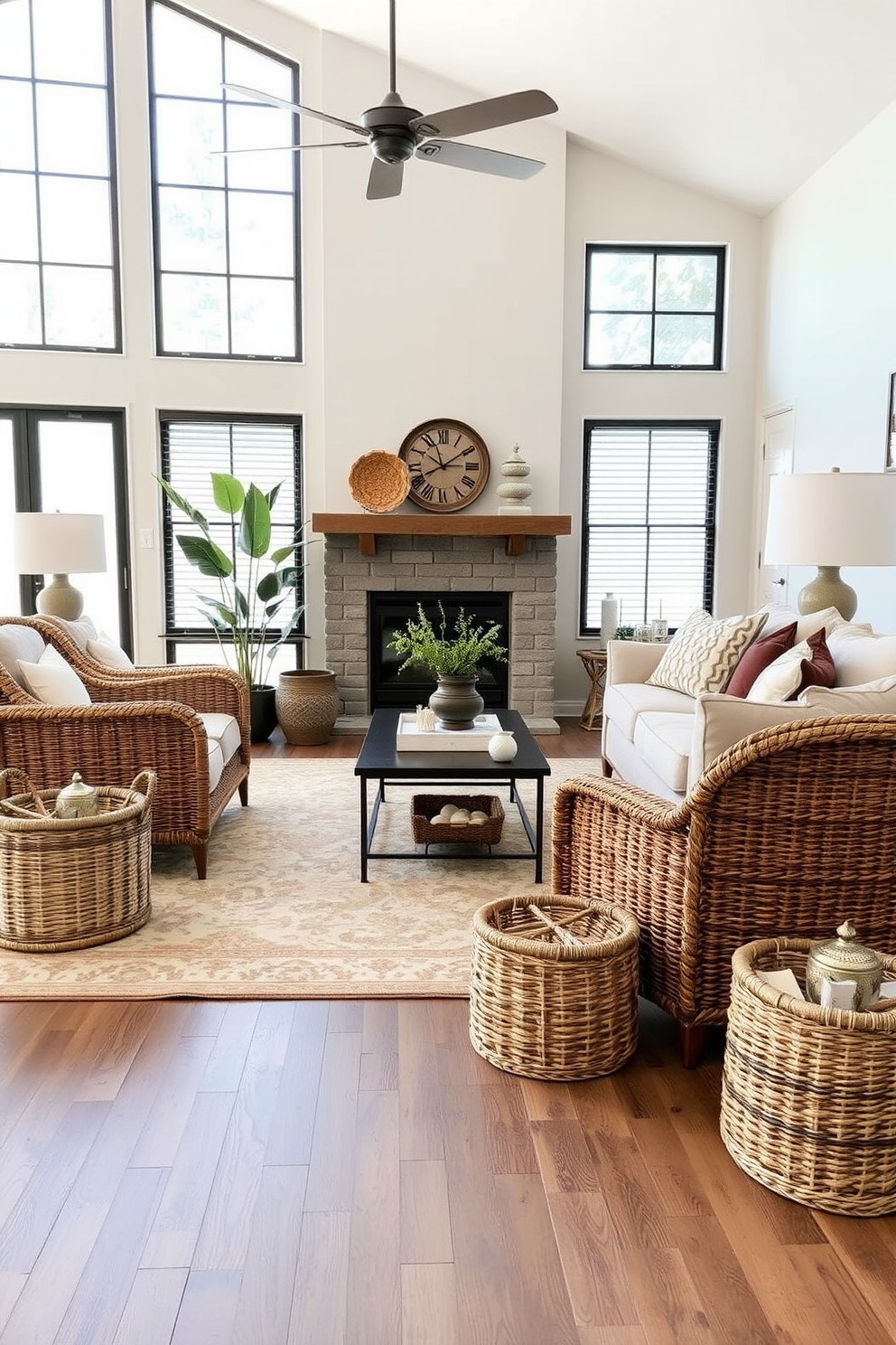 Woven baskets are strategically placed throughout the family room to provide stylish storage solutions while enhancing the overall aesthetic. The room features a cozy seating arrangement with a plush sofa and accent chairs, complemented by a warm color palette and natural textures. The design incorporates a mix of contemporary and rustic elements, creating a welcoming atmosphere for family gatherings. Large windows allow ample natural light to flood the space, highlighting decorative accessories and a beautiful area rug.