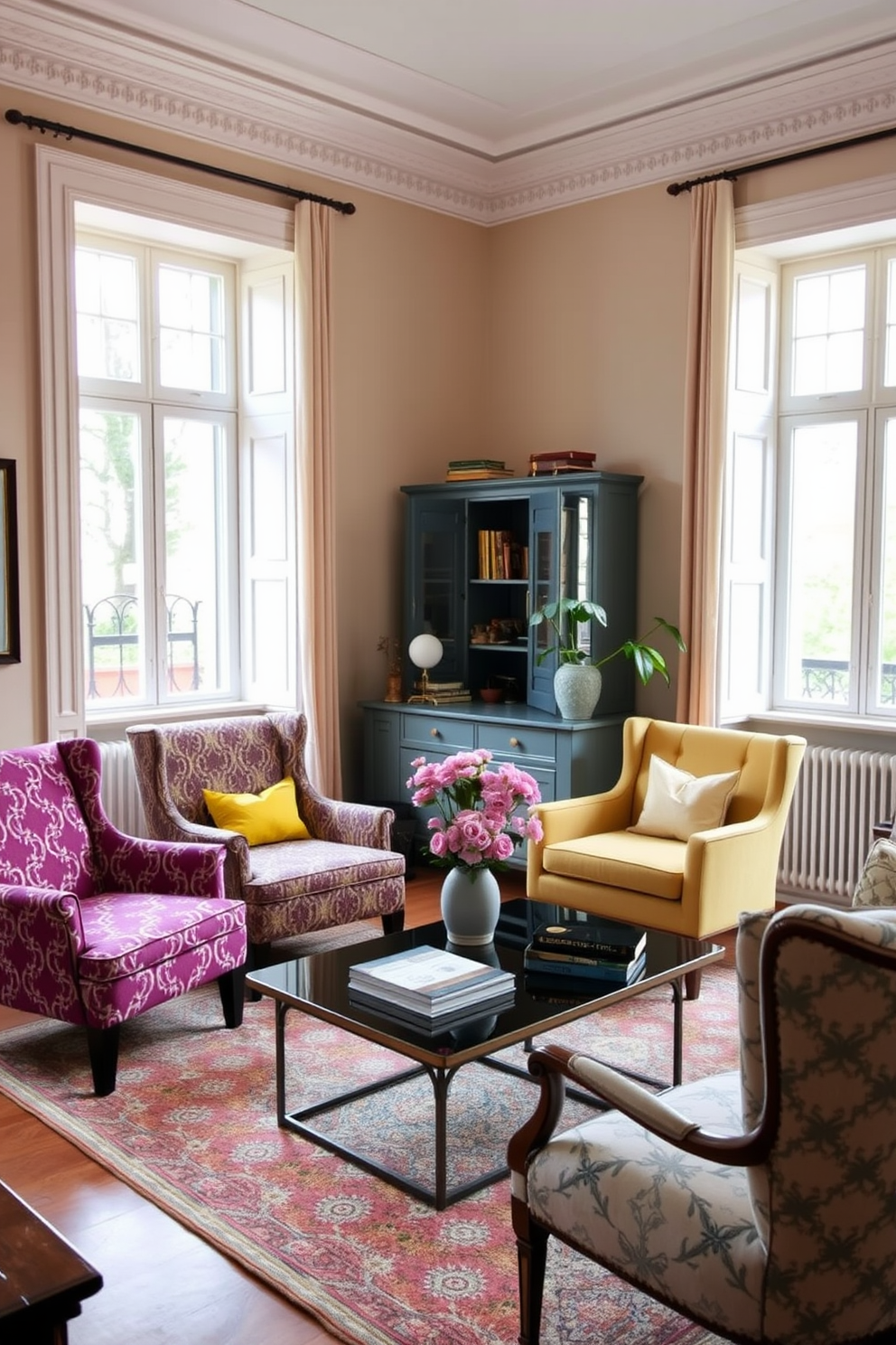 Accent chairs with unique patterns and colors are arranged around a sleek coffee table in a cozy European family room. The walls are adorned with soft pastel hues, and large windows allow natural light to flood the space, enhancing the inviting atmosphere.