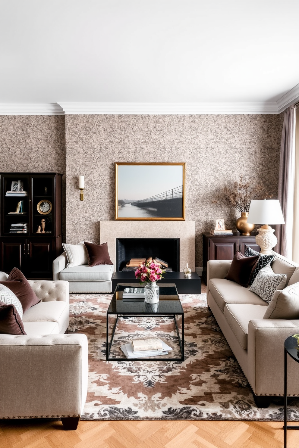 A cozy European family room featuring textured wallpaper that adds depth and sophistication to the space. The room is adorned with plush sofas in neutral tones, complemented by elegant throw pillows and a stylish area rug that ties the design together.