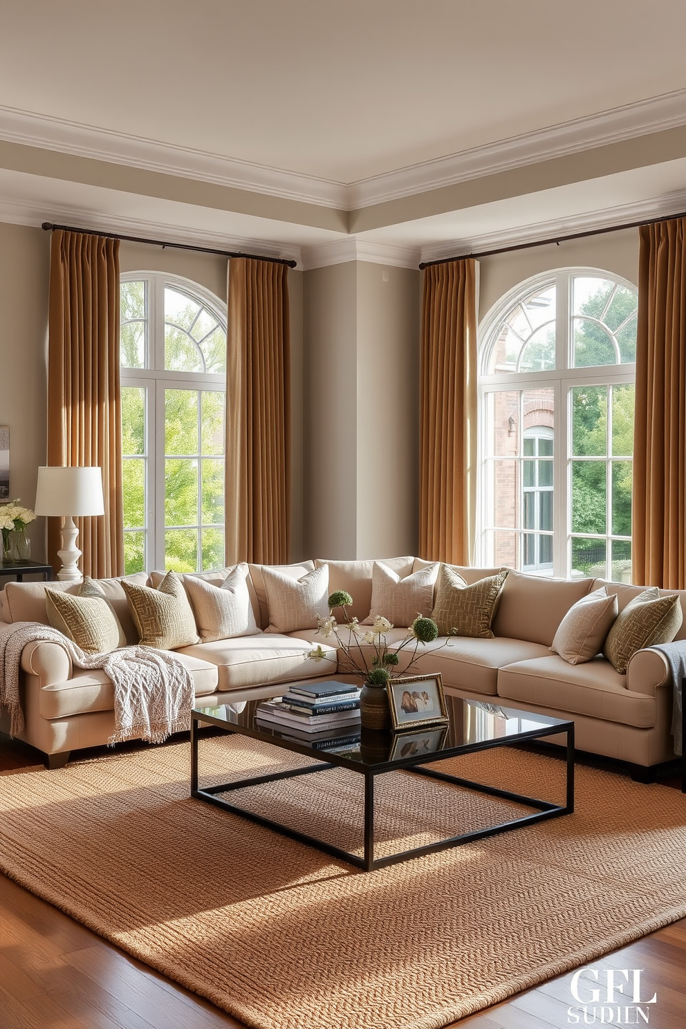 An elegant family room designed with a neutral color palette featuring soft beige, warm taupe, and crisp white. The room is adorned with a plush sectional sofa, layered with textured throw pillows and a cozy knitted blanket. Natural light floods in through large windows, highlighting the rich textures of a woven area rug and velvet drapes. A stylish coffee table sits at the center, surrounded by tasteful decor and a selection of art books.