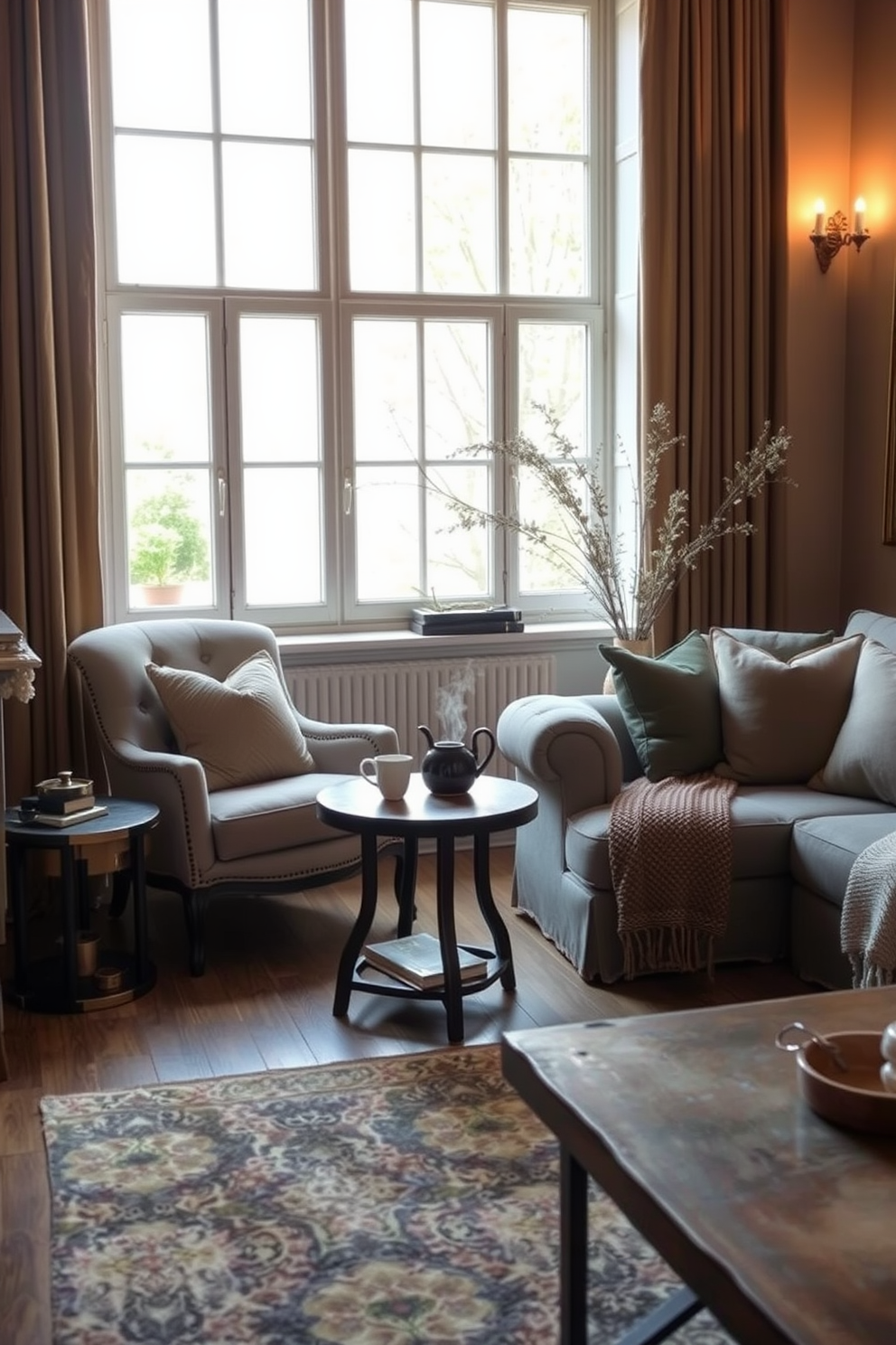 Cozy reading nook with a plush chair. The nook features a large window allowing natural light to flood in, with a small side table holding a steaming cup of tea. European family room design ideas. The space is adorned with elegant furnishings, including a large sectional sofa and a rustic coffee table, complemented by soft textiles and warm lighting.