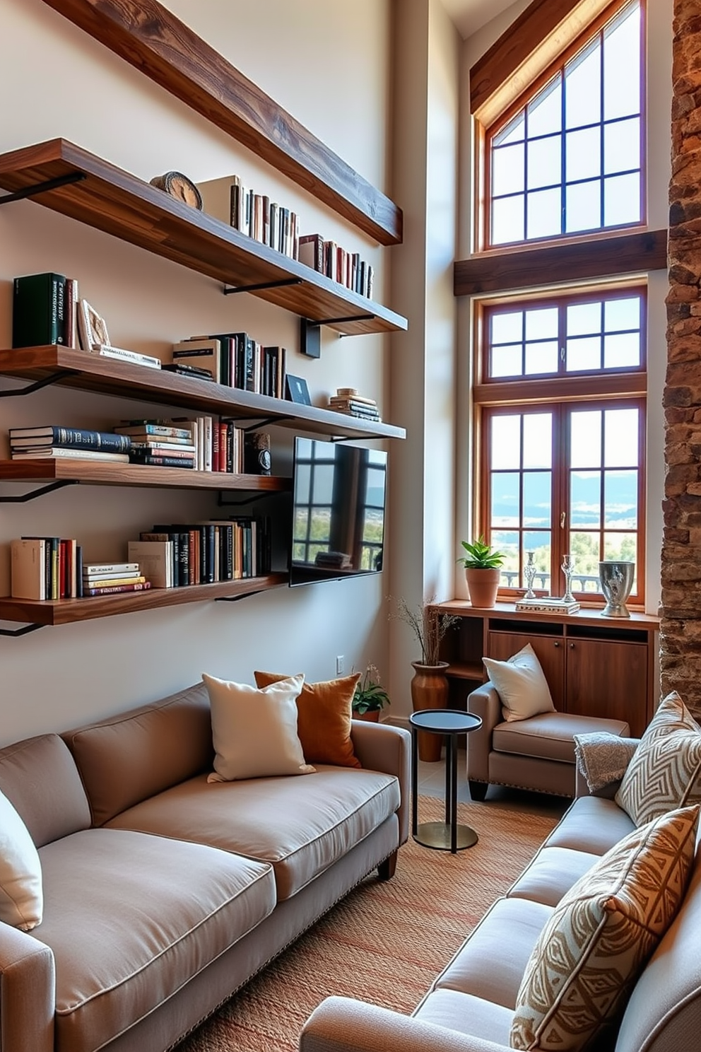 A cozy European family room features wall-mounted shelves that elegantly display books and decorative items. The shelves are crafted from reclaimed wood, adding warmth to the space while maximizing floor area. The room is adorned with plush seating in soft fabrics, creating an inviting atmosphere for family gatherings. Large windows allow natural light to flood in, enhancing the room's airy feel and showcasing the beautiful view outside.