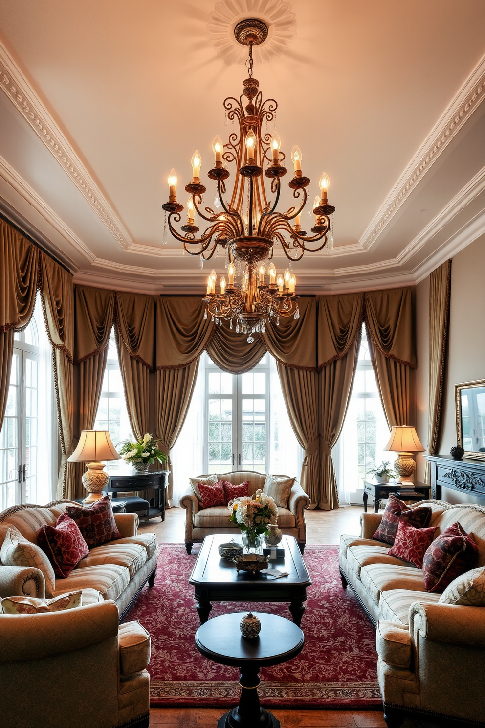 Elegant chandeliers hang gracefully from the ceiling, casting a warm glow over the room. The family room features plush sofas arranged around a central coffee table, with rich textiles and soft cushions inviting relaxation. European design elements are evident throughout, with a mix of antique and contemporary furniture. Large windows draped in luxurious fabrics allow natural light to flood the space, enhancing its inviting atmosphere.