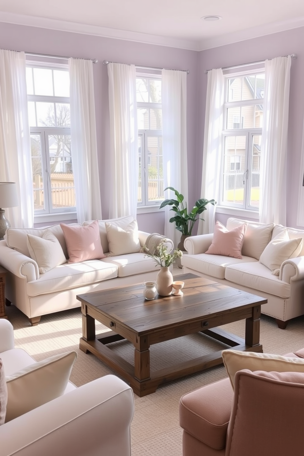 A cozy family room featuring soft pastel hues that create a serene atmosphere. The walls are painted in a light lavender shade, complemented by a plush cream sofa adorned with pastel-colored throw pillows. Natural light floods the space through large windows draped with sheer white curtains. A rustic wooden coffee table sits at the center, surrounded by a mix of comfortable seating options in muted tones.