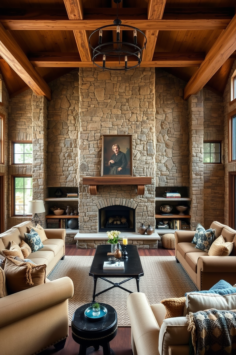 A cozy family room featuring rustic stone accents that exude timeless appeal. The room is adorned with a large stone fireplace as the focal point, surrounded by comfortable seating in warm, earthy tones. Natural wood beams line the ceiling, enhancing the rustic charm of the space. Large windows allow for ample natural light, while plush textiles add warmth and comfort throughout the room.