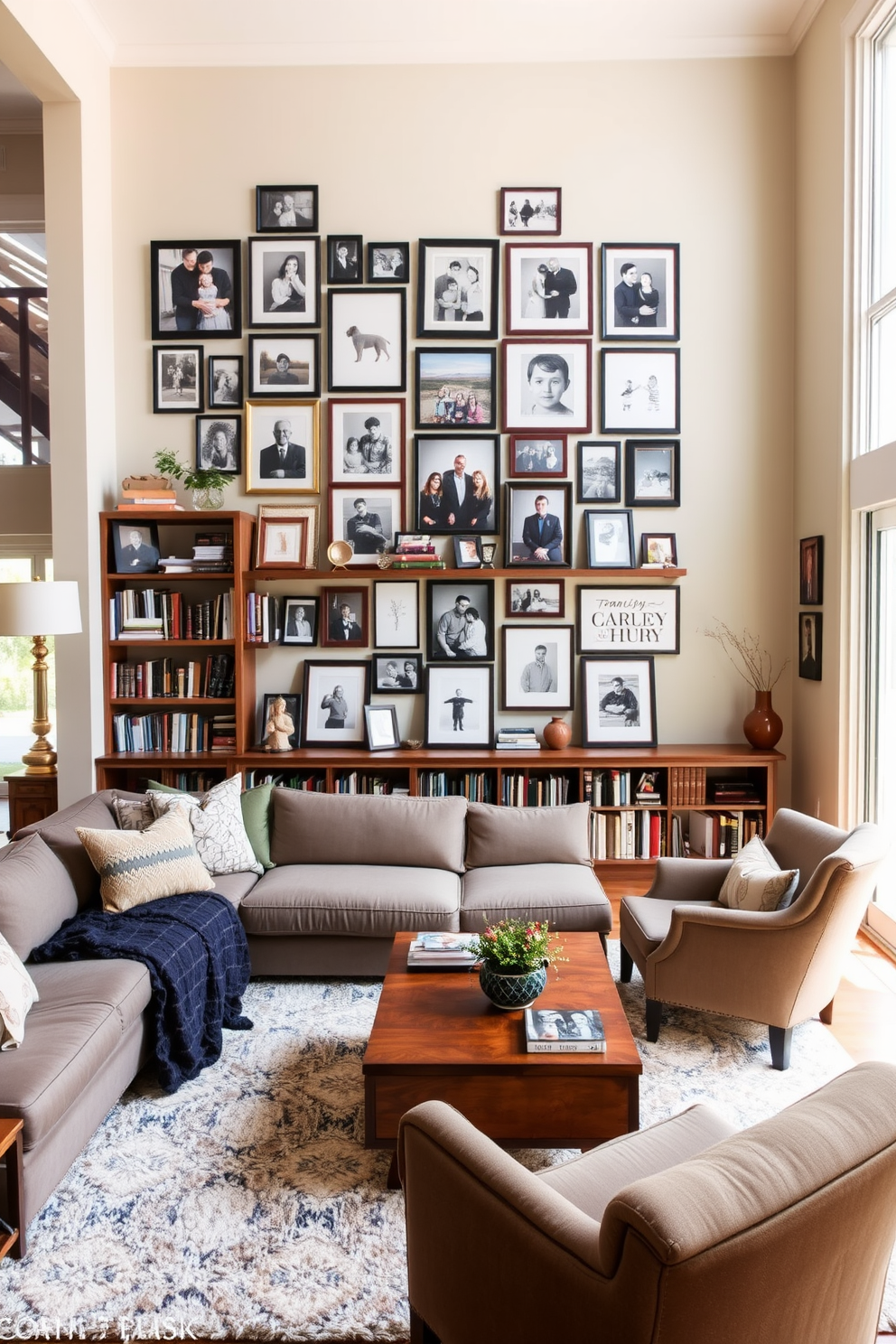 A cozy family room featuring a gallery wall with an eclectic mix of family photos arranged in various frames. The room is adorned with a plush sectional sofa, a wooden coffee table, and a soft area rug, creating an inviting atmosphere for gatherings. Incorporate a large bookshelf filled with books and decorative items, alongside a stylish armchair for reading. Natural light floods the space through large windows, enhancing the warm color palette of the walls and furnishings.