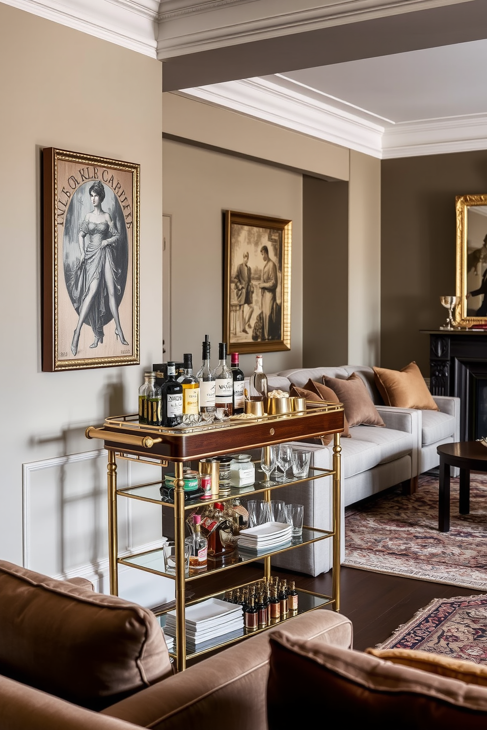 A stylish bar cart is elegantly positioned in the corner of a spacious family room. It features a mix of polished wood and gold accents, adorned with an array of premium spirits and decorative glassware. The family room showcases a blend of contemporary and classic European design elements. Plush sofas in muted tones are complemented by rich textiles and intricate artwork that create a welcoming atmosphere for entertaining guests.