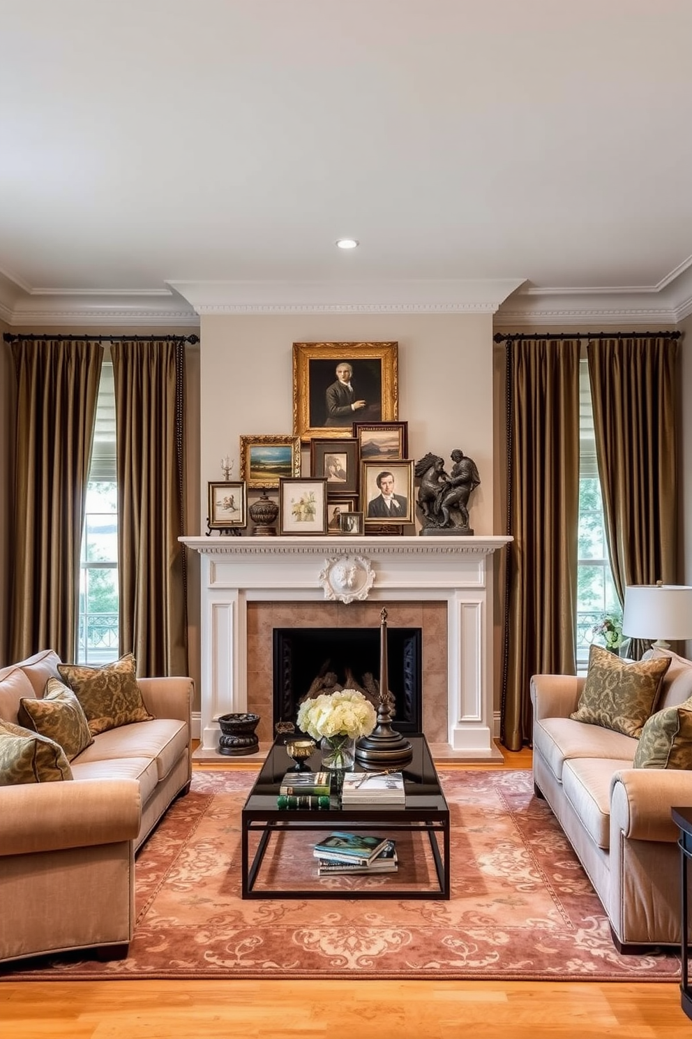 Classic fireplace mantel decorated with art. The mantel is adorned with a collection of framed paintings and sculptures, creating a focal point in the room. The family room features plush sofas in neutral tones and a large area rug that adds warmth. Elegant drapes frame the windows, allowing natural light to filter through while maintaining a cozy atmosphere.