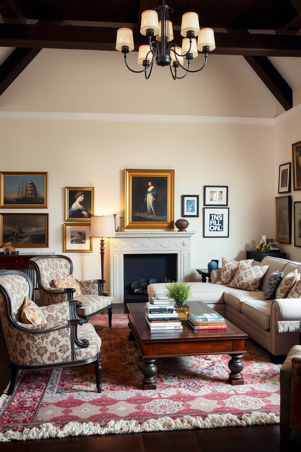 A cozy family room that blends old-world charm with modern aesthetics. Vintage armchairs with intricate upholstery sit alongside a sleek sectional sofa in a neutral tone. A large wooden coffee table, adorned with a stack of art books, anchors the space. The walls are adorned with a mix of classic artwork and contemporary prints, creating a dynamic visual contrast. Soft lighting from a modern chandelier complements the warm glow of a vintage floor lamp in the corner. A plush area rug with a traditional pattern ties the room together, adding texture and warmth.