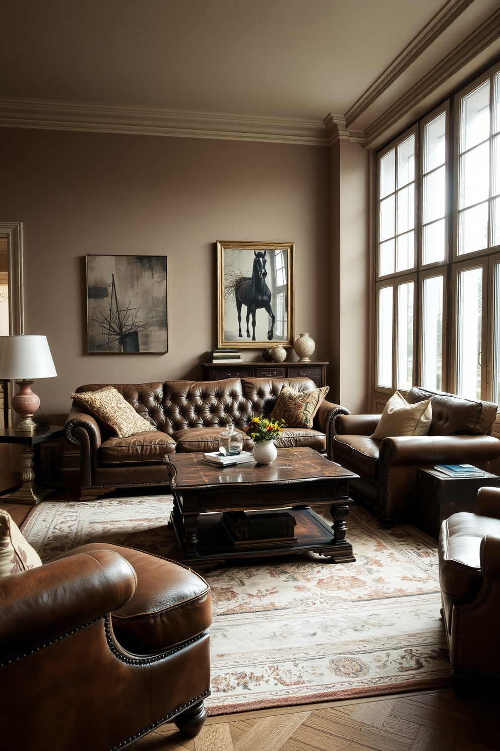 A cozy European family room featuring vintage furniture such as a distressed leather sofa and an ornate wooden coffee table. Modern accents like a sleek glass lamp and abstract art pieces create a harmonious blend of styles. The walls are painted in a warm taupe color, complementing the rich textures of the furniture. A large area rug with a subtle pattern anchors the seating area, while large windows allow natural light to flood the space.