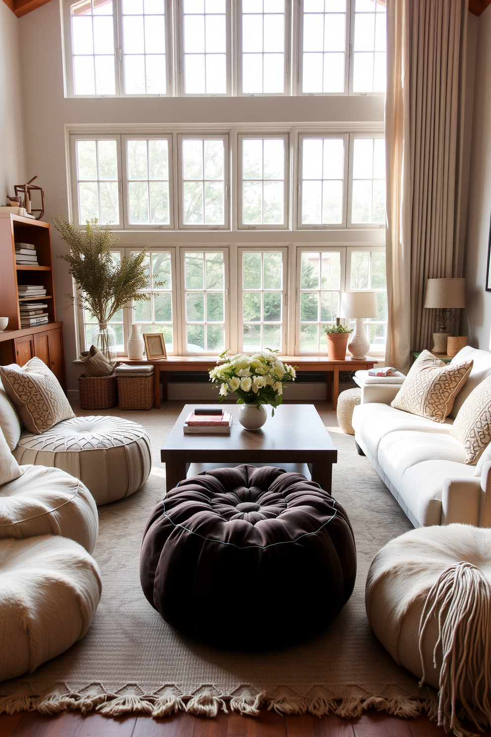 A cozy European family room featuring comfortable poufs arranged around a central coffee table. Soft, neutral-toned textiles and plush cushions create an inviting atmosphere, while large windows allow natural light to fill the space.