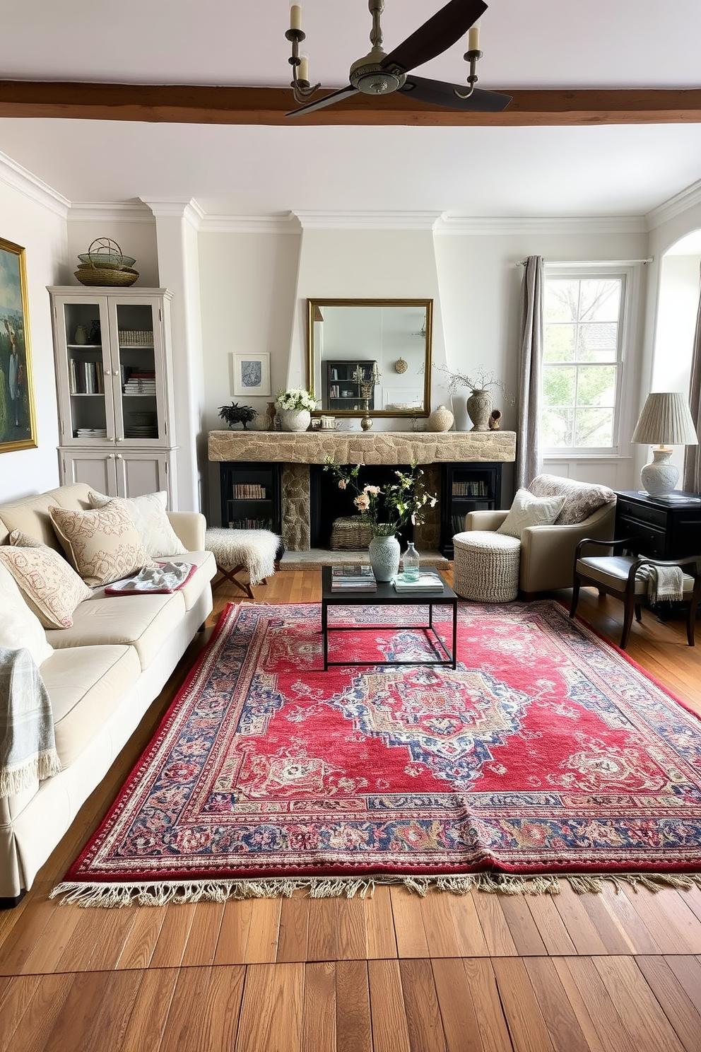 A cozy European family room featuring layered rugs that add warmth and comfort to the space. The room is adorned with plush furniture, soft textiles, and a welcoming color palette that invites relaxation and family gatherings.