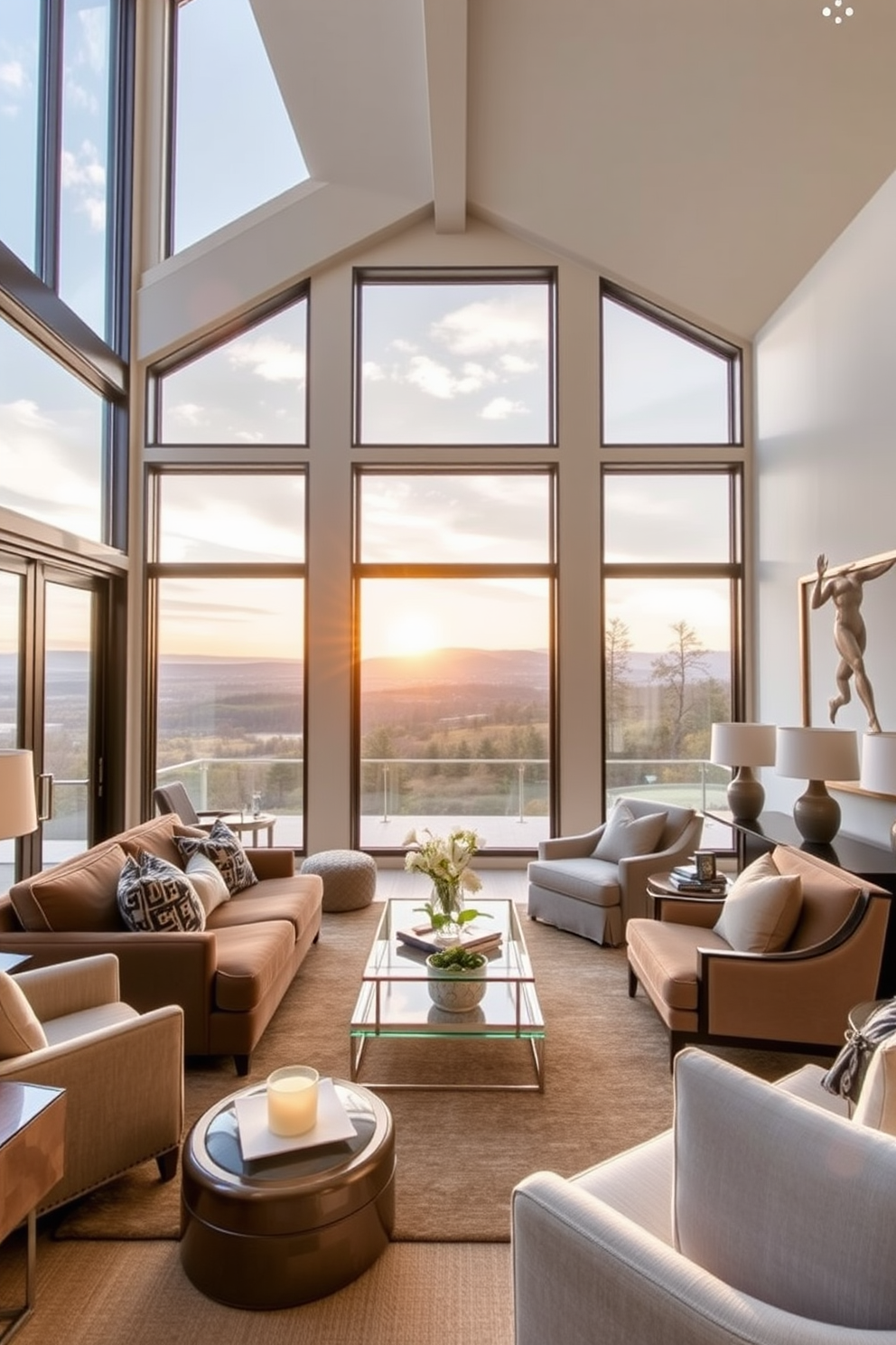 A cozy European family room featuring an antique coffee table at the center surrounded by plush sofas. The decor incorporates modern elements such as sleek lighting fixtures and abstract art on the walls, creating a harmonious blend of old and new.