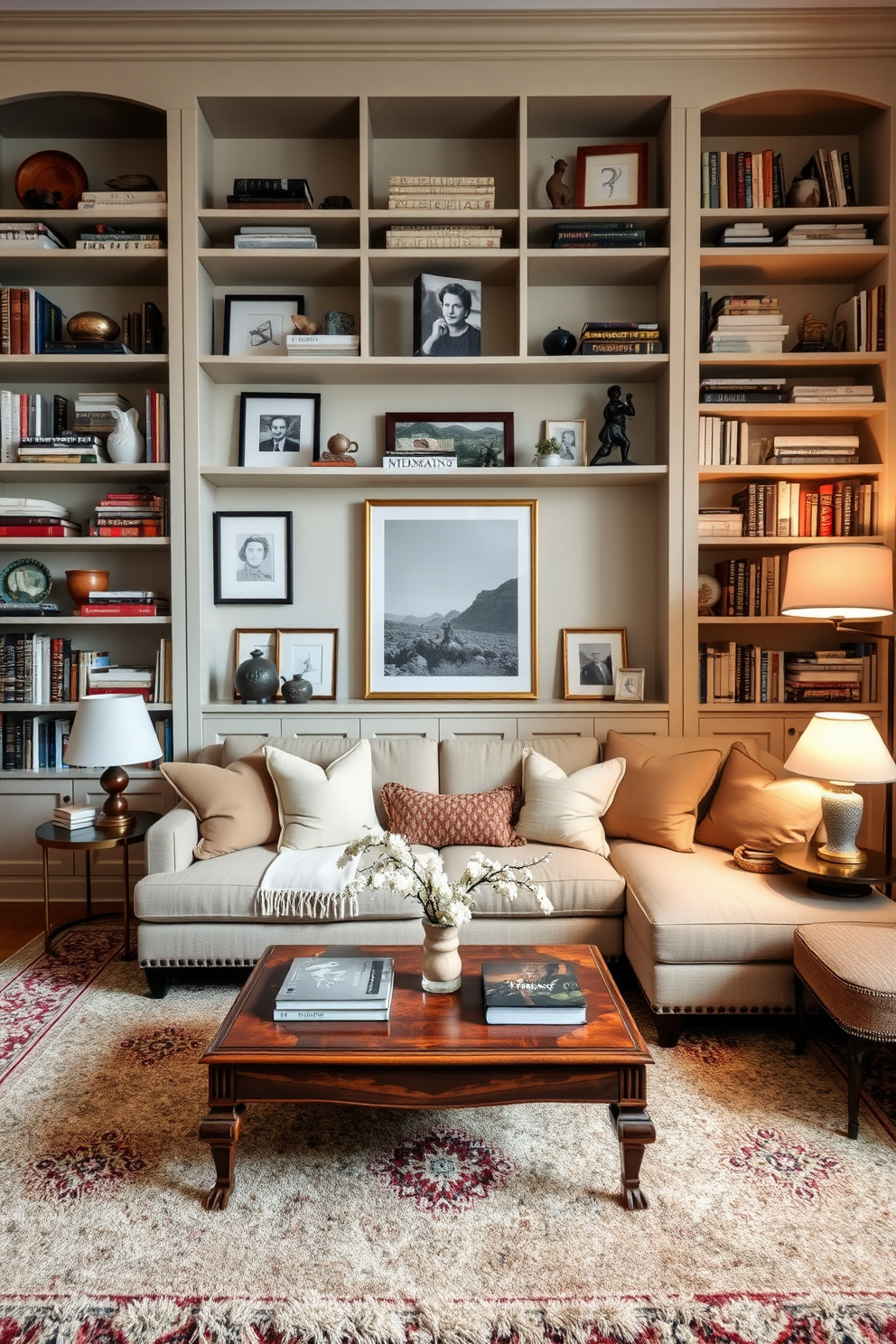 Charming bookshelves filled with curated decor. The shelves are adorned with a mix of books, art pieces, and personal mementos, creating an inviting atmosphere. The family room features a comfortable sectional sofa in soft, neutral tones. A vintage coffee table sits at the center, surrounded by plush area rugs and warm lighting from stylish floor lamps.