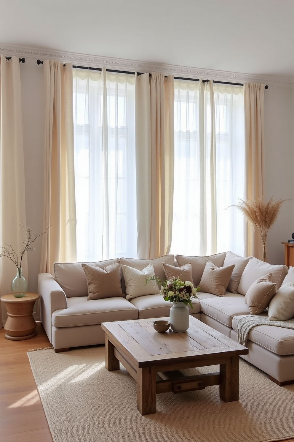 A European family room with soft linen curtains that gently filter the light, creating a relaxed and inviting atmosphere. The space features a plush sectional sofa in neutral tones, complemented by a rustic wooden coffee table and cozy throw pillows.