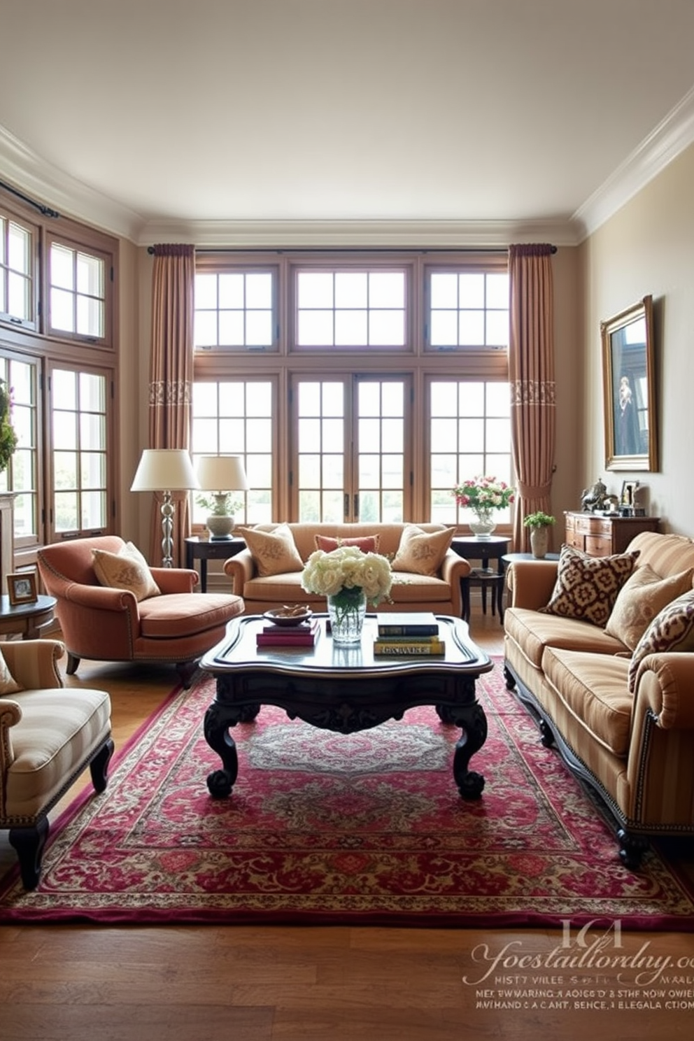 A European family room featuring an antique coffee table as the focal point. The room is adorned with plush seating in warm tones and rich textures, creating an inviting atmosphere. Surrounding the coffee table, a mix of traditional and contemporary decor elements blend seamlessly. Large windows allow natural light to flood in, highlighting the intricate details of the furnishings.