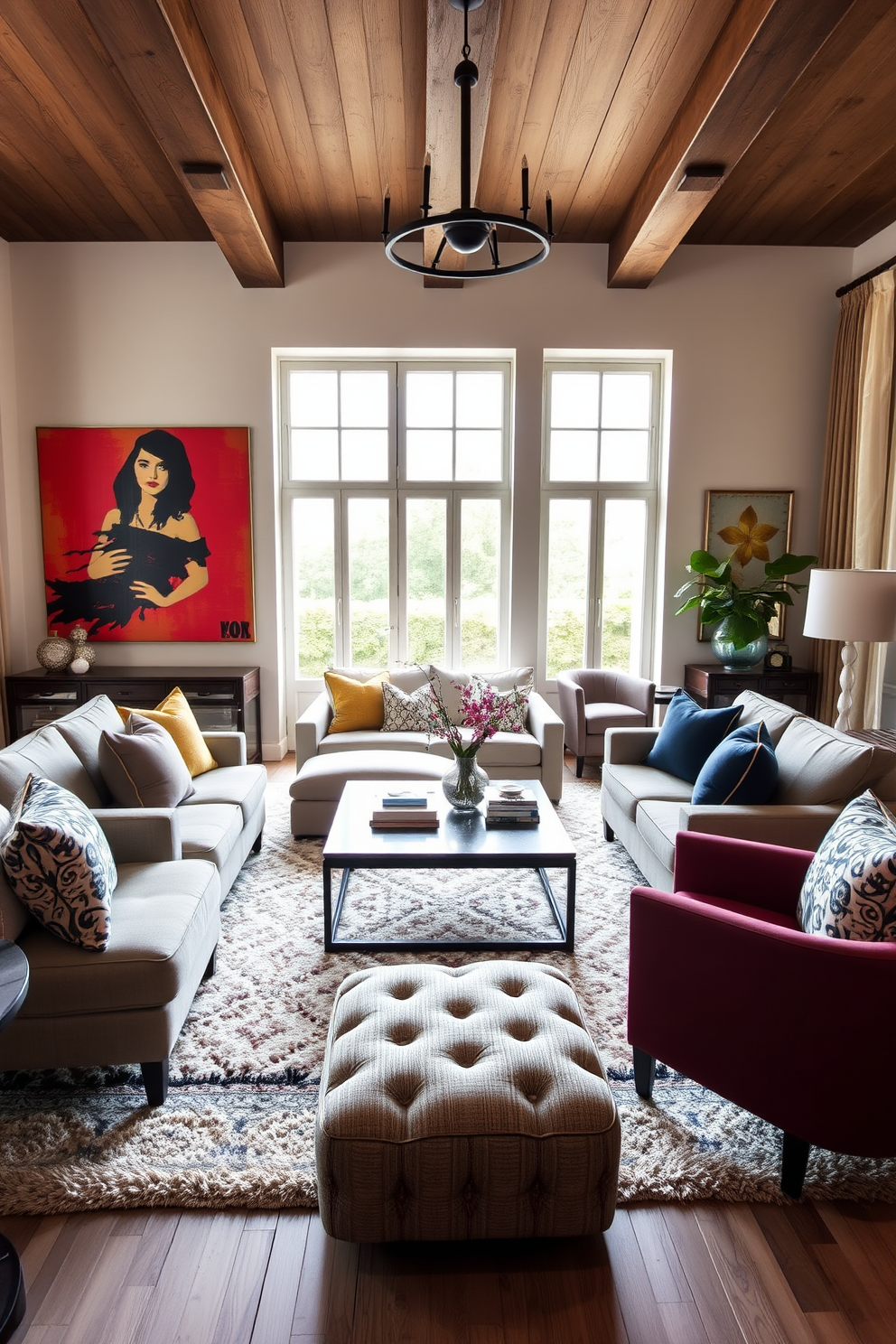 A European family room features a cozy seating arrangement with plush sofas and accent chairs arranged around a central coffee table. The walls are adorned with bold artwork that adds a vibrant touch, while large windows allow natural light to fill the space. The room incorporates a mix of textures, including a soft area rug underfoot and wooden beams on the ceiling. Decorative elements such as stylish throw pillows and a unique light fixture enhance the overall design, creating a warm and inviting atmosphere.