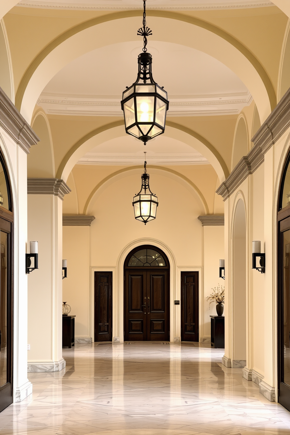 Elegant archways frame the entrance to a spacious foyer adorned with vintage lighting fixtures that cast a warm glow. The walls are painted in a soft cream color, complemented by a polished marble floor that reflects the intricate details of the architecture.